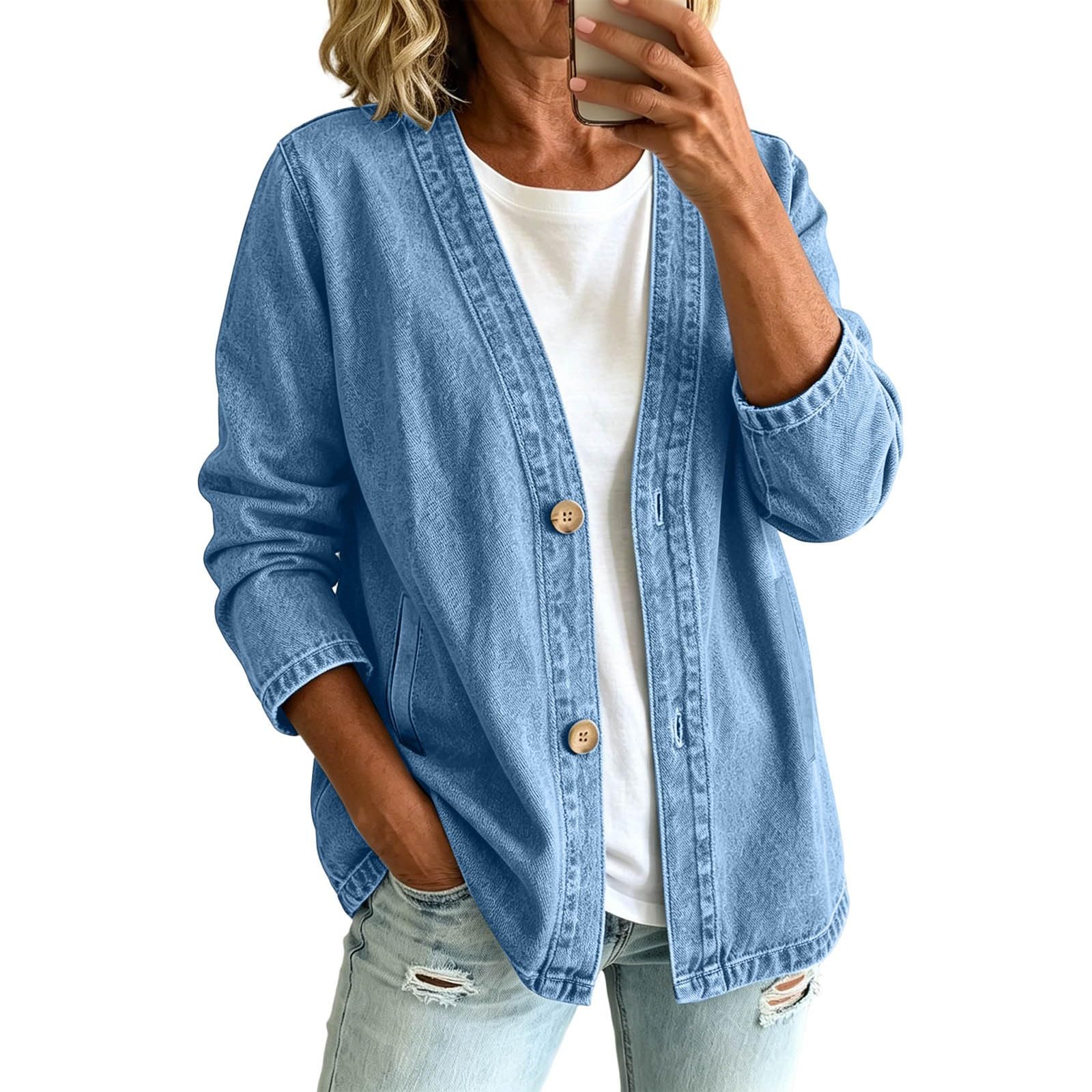 Jeansjacke Damen Oversize,Damen Jeansjacke V-Ausschnitt Langarm Leicht üBergangsjacke Mit Knopfleiste Vintage Cardigan FrüHlingsjacke Atmungsaktives DüNne Jeans Jacket Denim Jacken FüR FrüHling Herbst