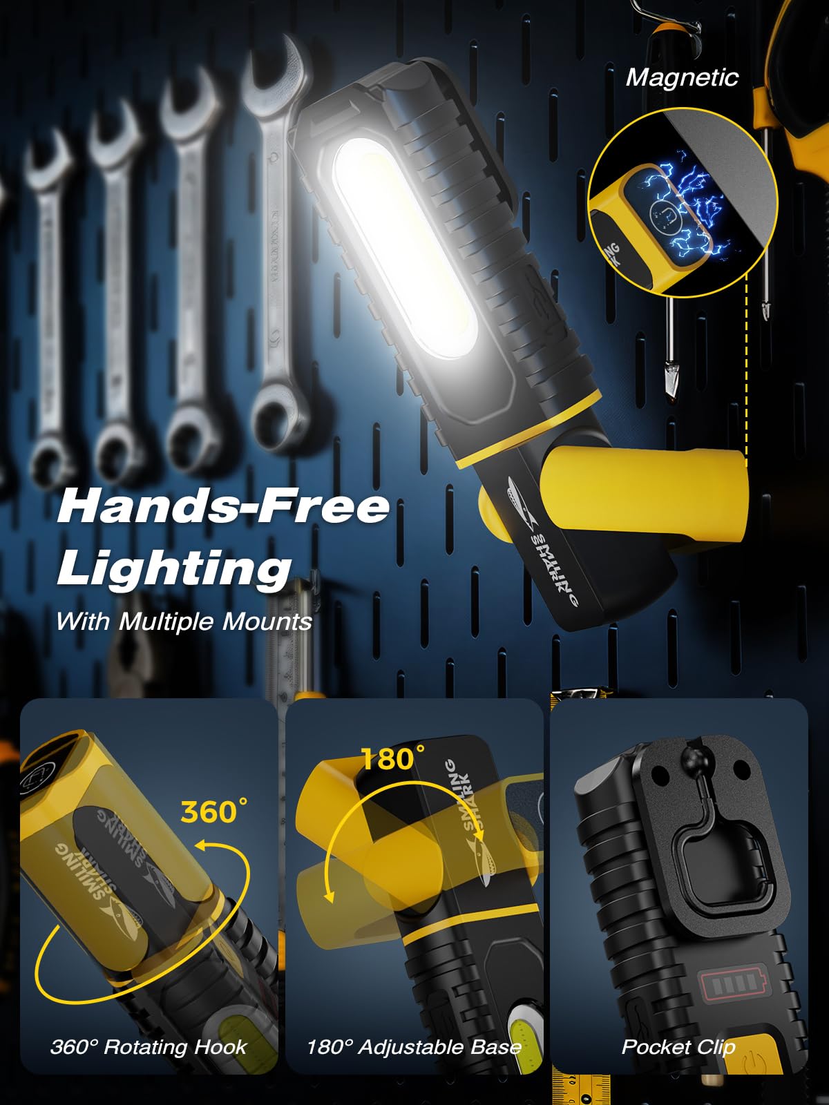 Smiling Shark Lampada di Lavoro, Lampade di Ispezione Torcia Magnetica 1200 mAh Ricaricabile 5 Modalità Luminose Portatile Lampada da Officina con Gancio e Clip per Riparazione Campeggio (2 Pezzi)