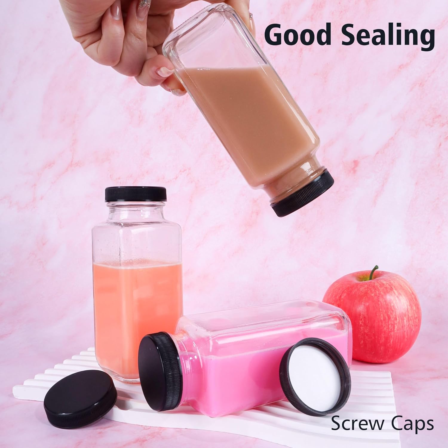 6 Pack 8 oz Glass Juice Bottles, 250 ml Glass Square Water Bottles with Lids, Reusable Empty Drinking Jars with Labels and Brush for Juice, Smoothies, Kombucha - Image 4