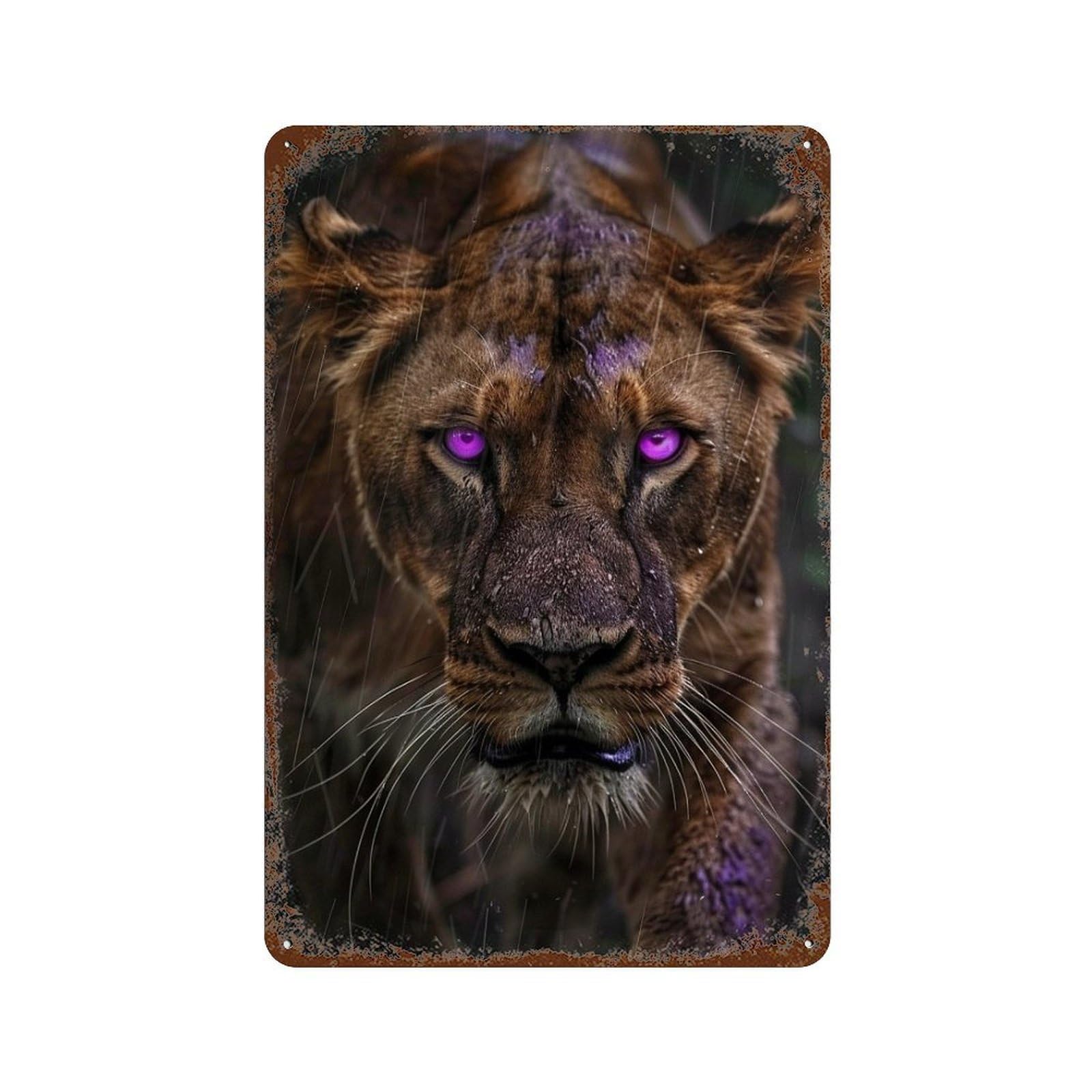 Garage Style Purple-Eyed Lioness in Rain Distressed Metal Wall Sign 11.8"x7.9", Classic Wall Plaque for Bar And Workshop