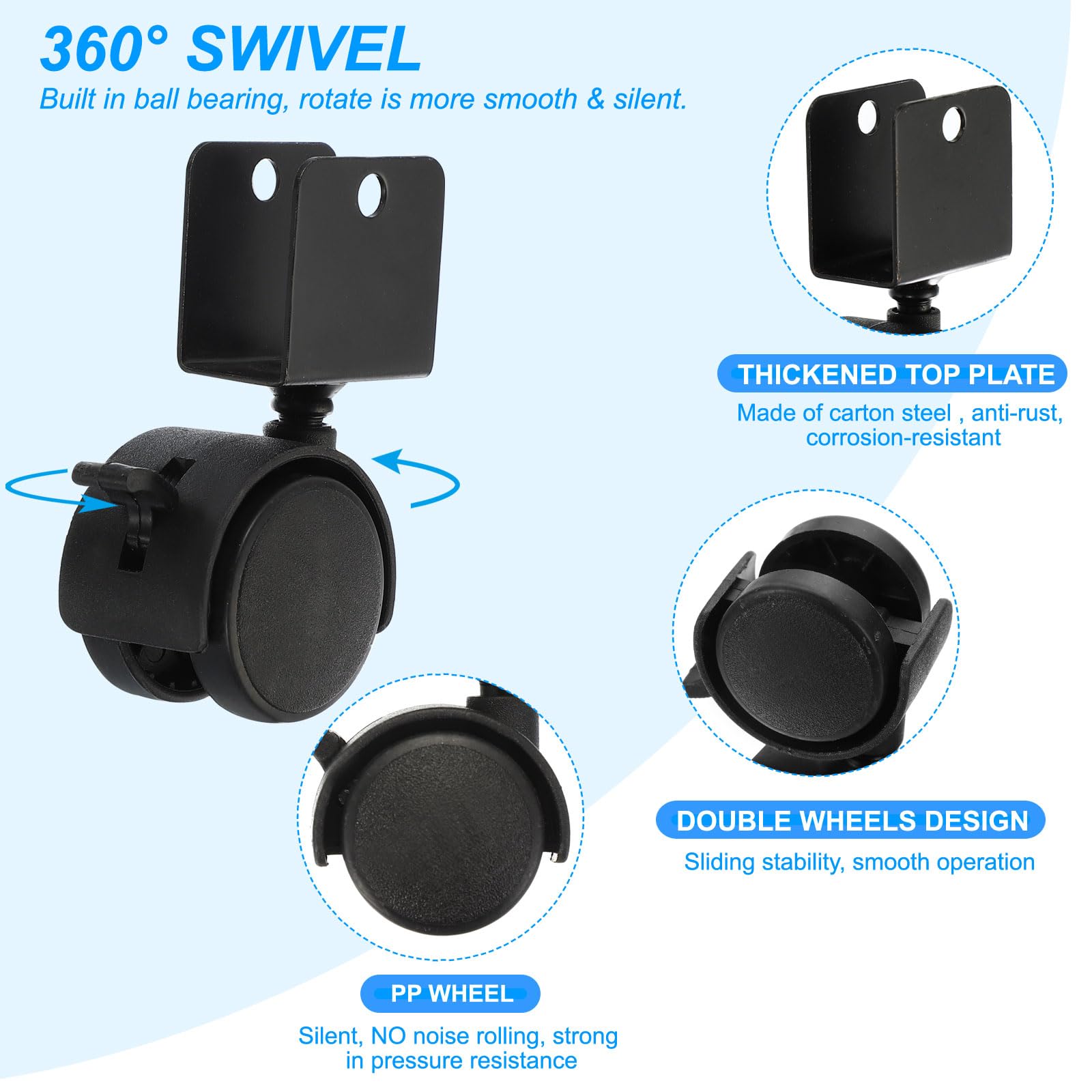 2" Girevole Ruota con 7/9" U Staffa, 4 Confezione 360° Rotazione Girevole Nessun Rumore Ruota con Freno Totale 132 Lbs di bloccaggio Ruota per Mobili Gamba
