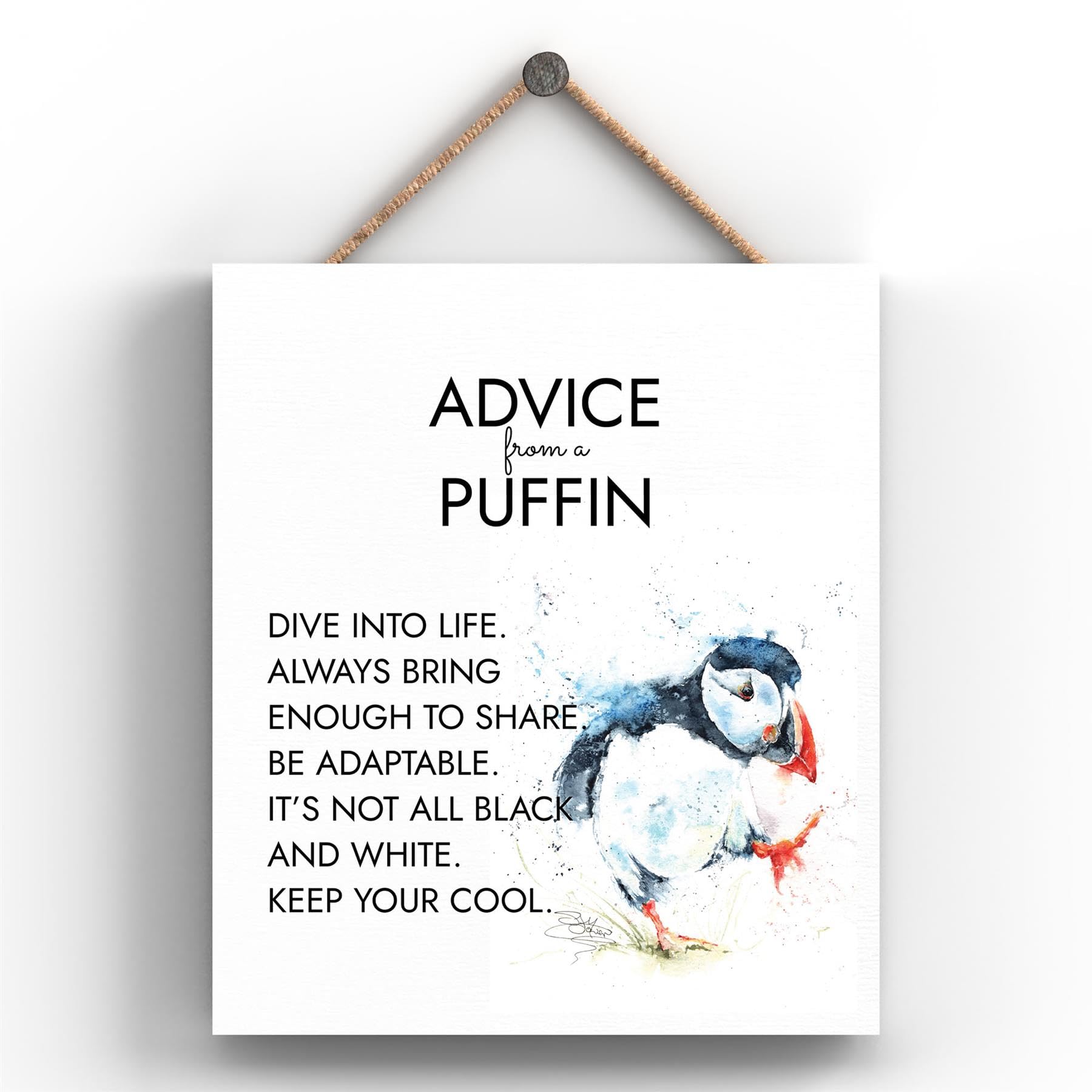 Global Designs White Grain Advice From A Puffin Sandi Mower Watercolour Artwork Printed On Wooden Hanging Plaque