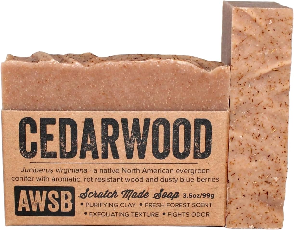 A Wild Soap Bar Cedarwood Bar Soap with Red Clay, 3.5 oz | Fir needle essential oil blend, ground cedarwood, Moroccan red clay. Exfoliating, fresh forest scent. Vegan, handmade.