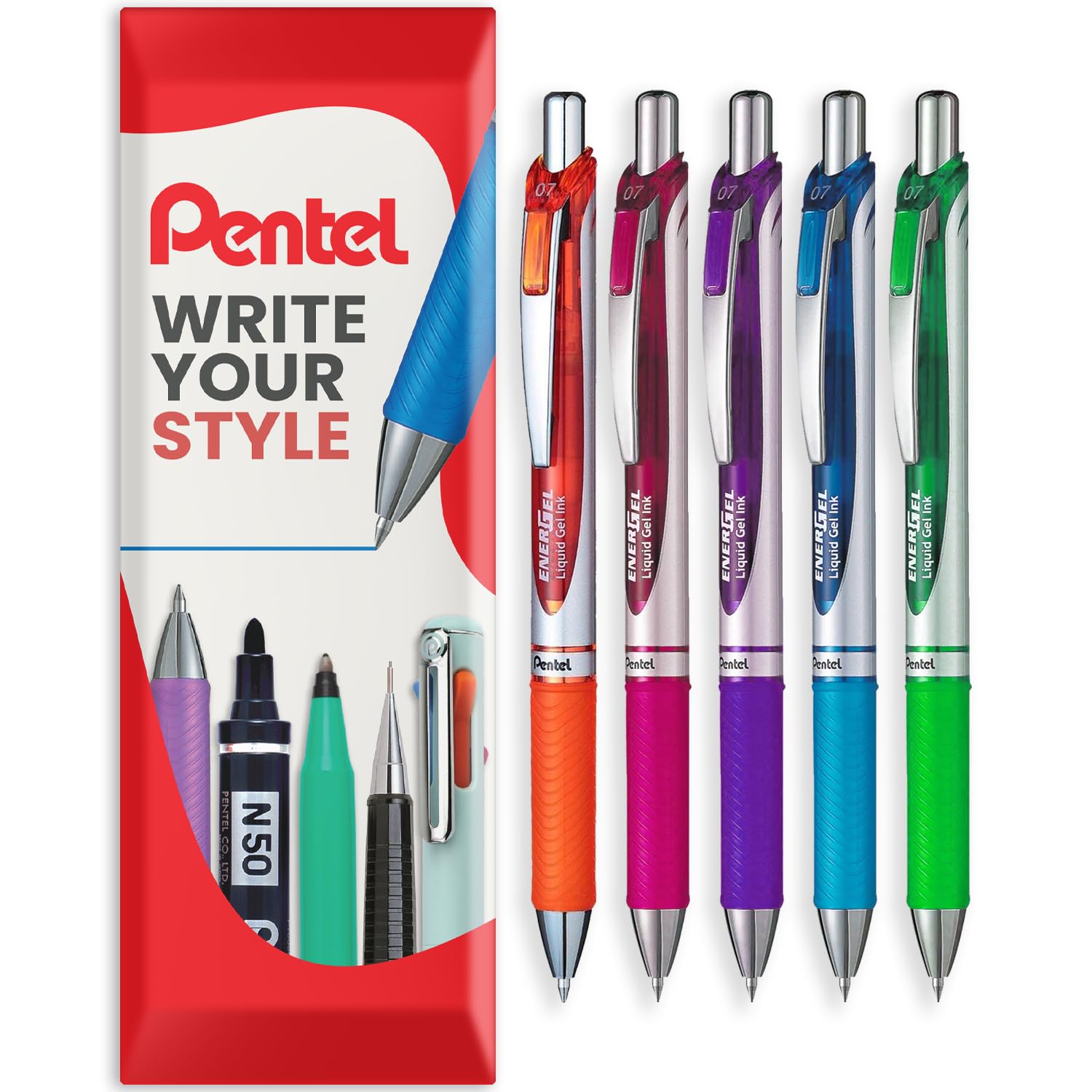 EnerGel XM BL77 - Retractable Liquid Gel Ink Pen - 0.7mm - 54% Recycled - In Envelope Gift Packaging - Tropical Set of 5