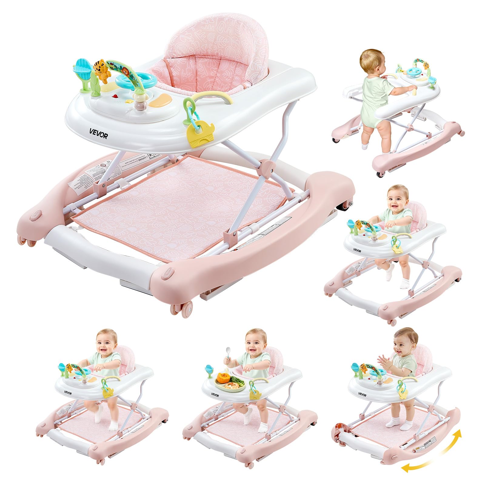 VEVOR Andador 5 en 1, Centro de Actividades Plegable con Ruedas, con Altura Ajustable y Cómodo Asiento de Respaldo Alto, Ayuda Antivuelco para Niños de 6 a 24 Meses, 720 x 665 x 530 mm, Rosa