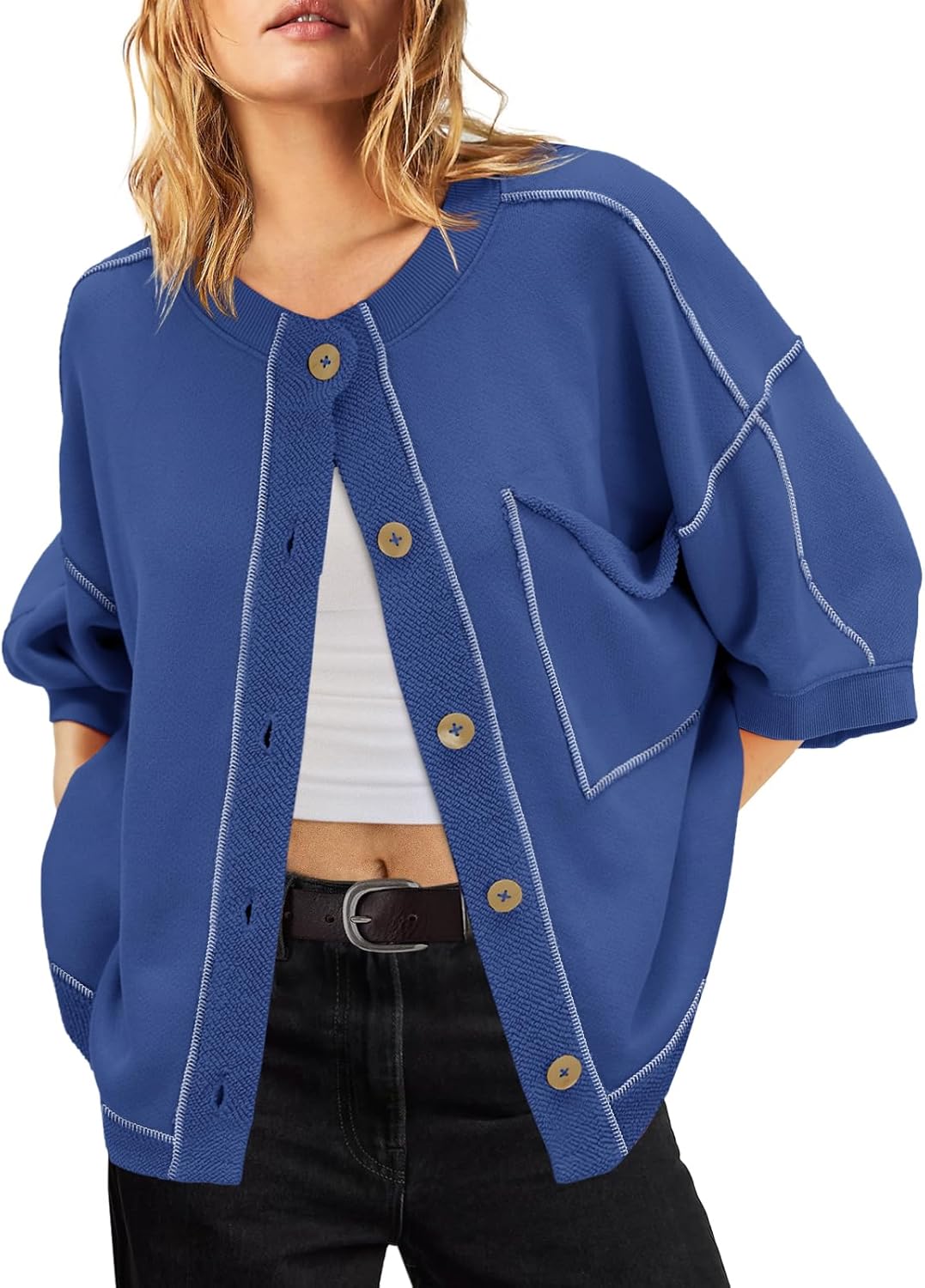 Nirovien Womens 3/4 Sleeve Crewneck Sweatshirt Casual Lightweight Cardigans Fall Button Down Shirts with Pockets