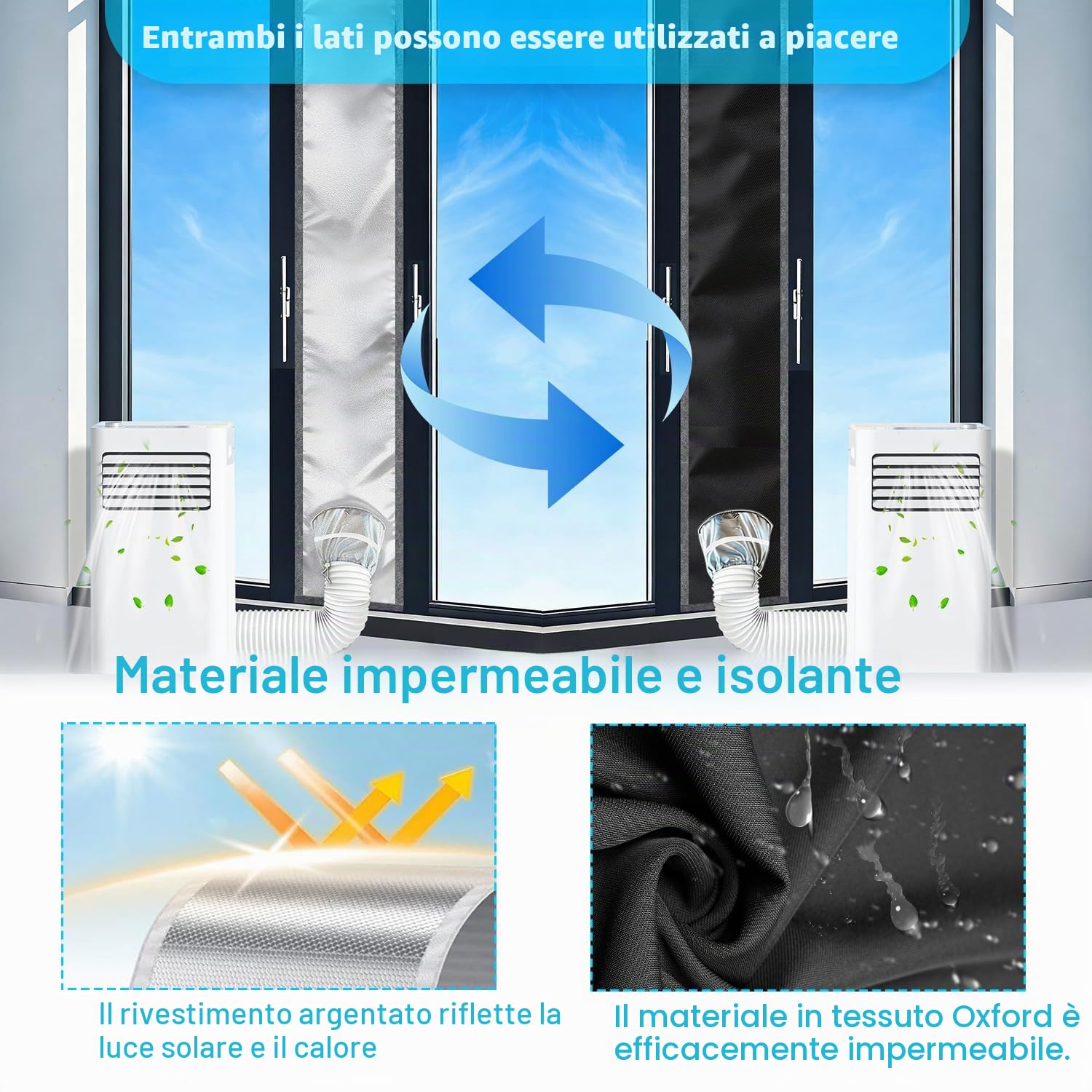 Guarnizione porta finestra 250 cm per condizionatore mobile in argento Oxford, 100% oscurante, protezione UV impermeabile per raffreddamento efficiente, dimensioni regolabili per porte e