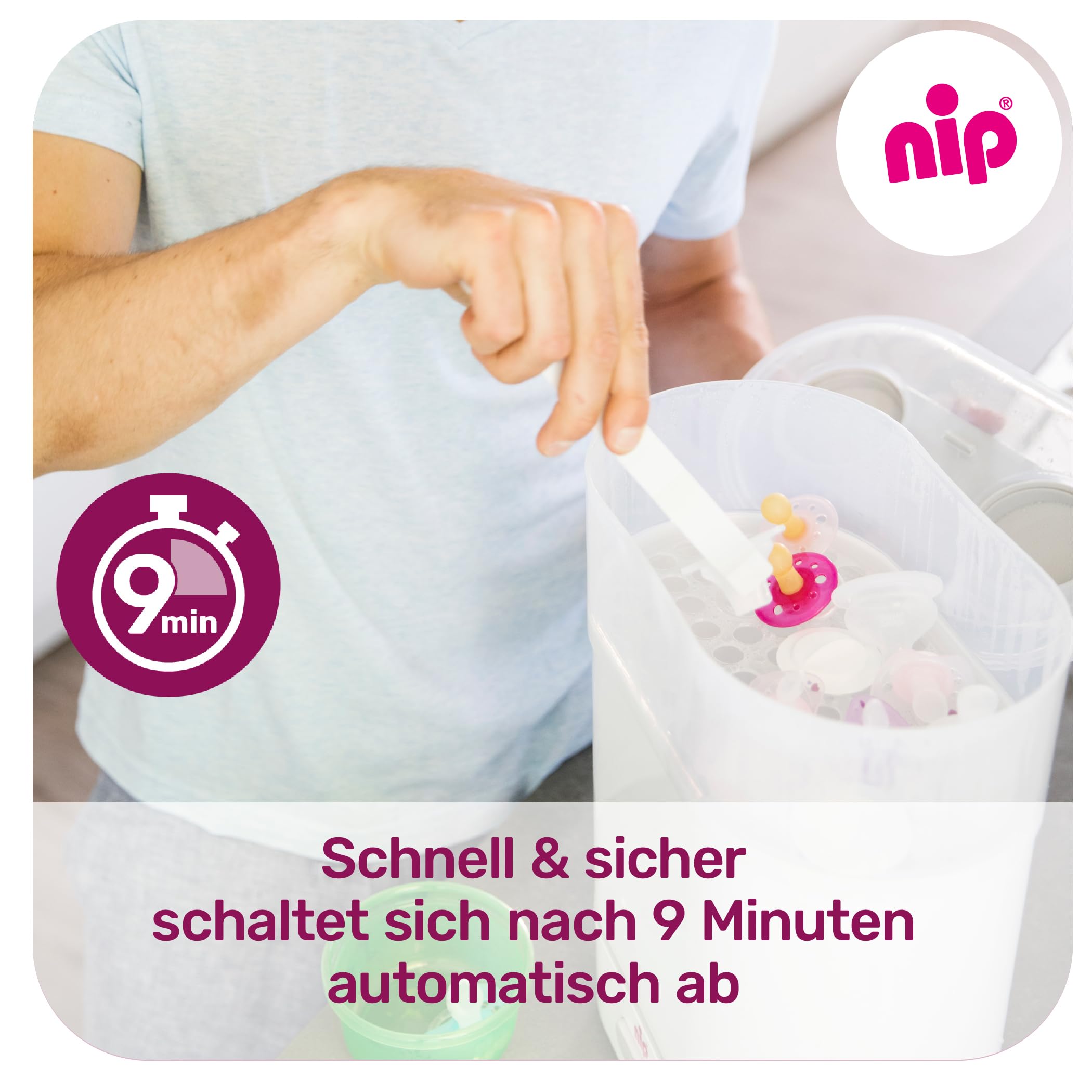 NIP Sterilisator Babyflaschen: Vaporisator für bis zu 6 Flaschen, Schnuller + Zubehör, Schnelle und sichere Dampfsterilisation in nur 9 Minuten, mit Abschaltautomatik, Weiß