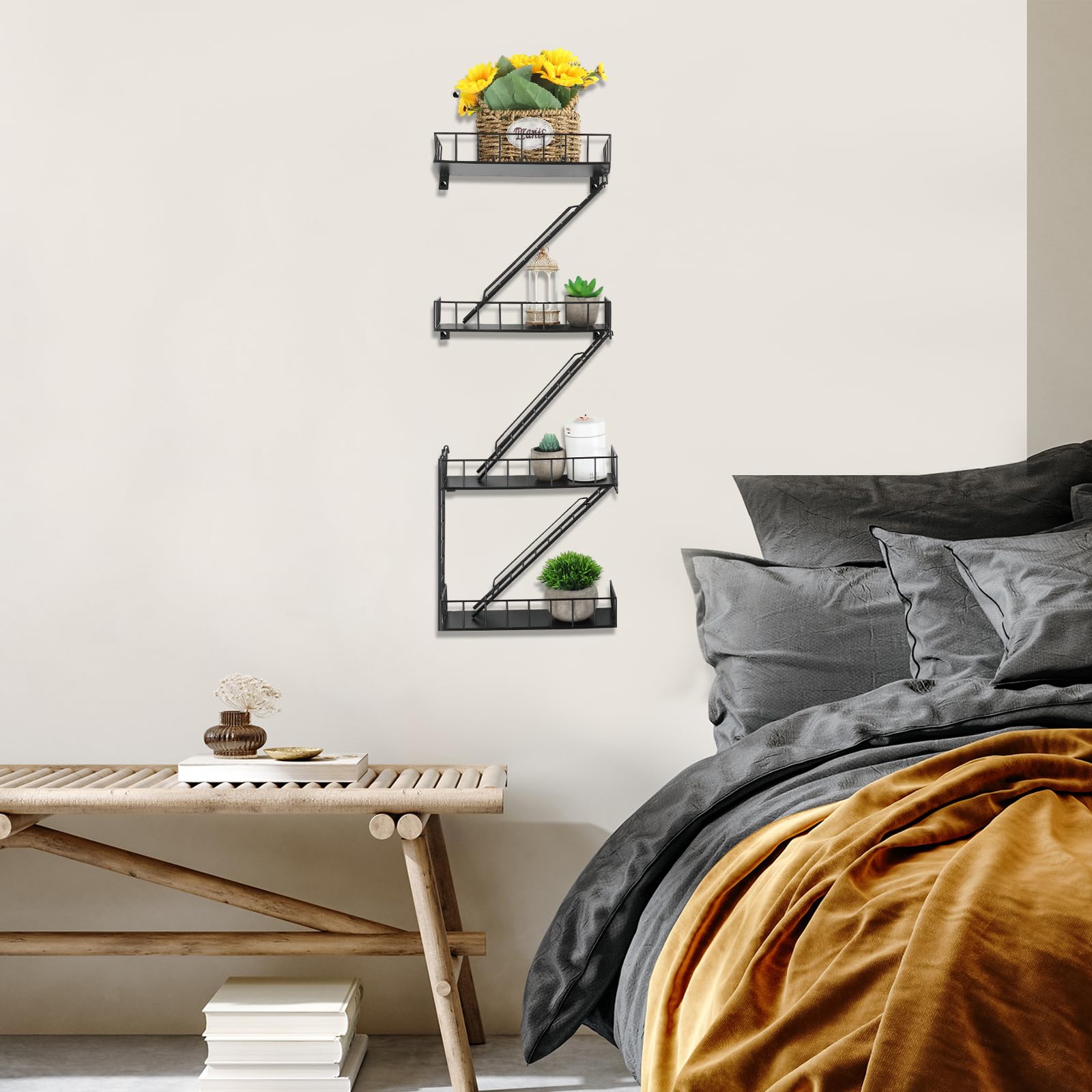 Zonon Estante de escape de incendios para colgar en la pared, estantería de metal para colgar, decoración de escalera de metal, organizador de pared de escape de incendios, estantes flotantes de