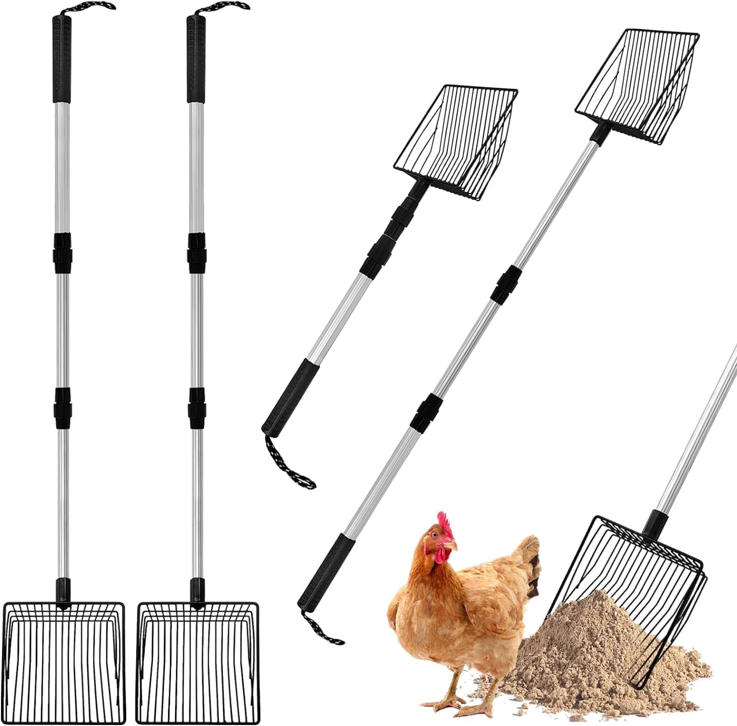 Râteau Tamiseur Pour Poulailler – Manche Télescopique Réglable, Longueur 106 Cm – Pour Nettoyer Litière, Sable, Crottes