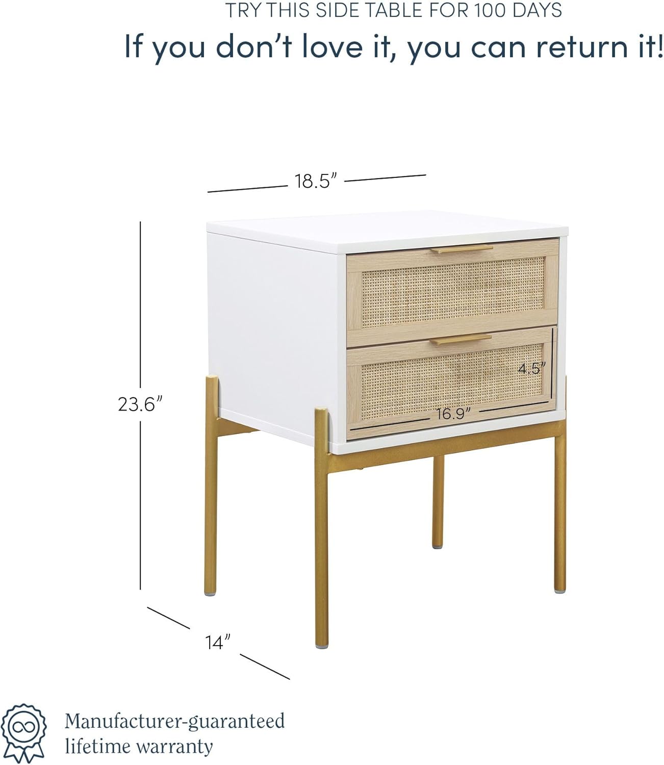 Andrew End, Bedside or Side Table in Matte White Finish with Two Natural Rattan Drawers Doors for Storage and Brass Gold Accents for Living Room or Bedroom, White/Cane/Gold