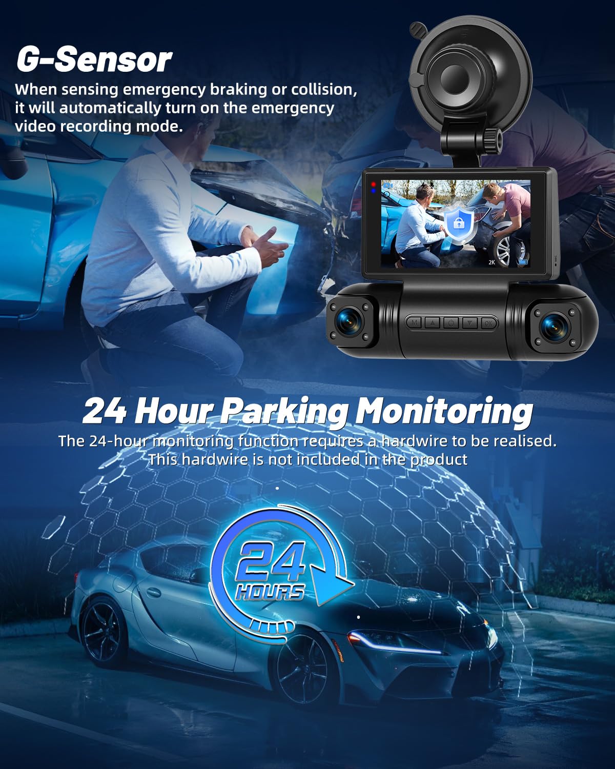 NHOPEEW 2K Dash Cam a 4 canali per auto – Videocamera WiFi per auto con tre telecamere 1080P, visione notturna, registrazione in loop, rilevamento del movimento con sensore G e controllo tramite app