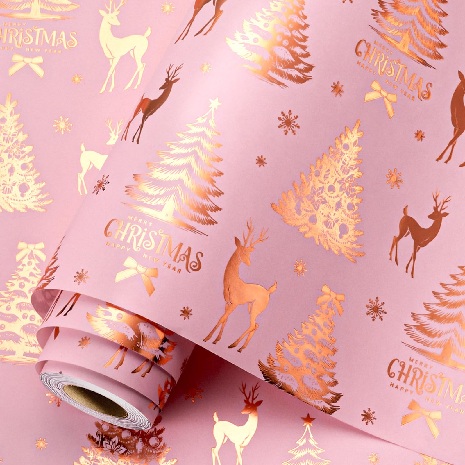 Homeral Kraft Christmas Wrapping Paper Roll - 43cm x 10m - Gold and Pink Christmas Tree and Reindeer with Metallic Foil Shine Gift Wrap Paper for Xmas, New Year Party Celebration