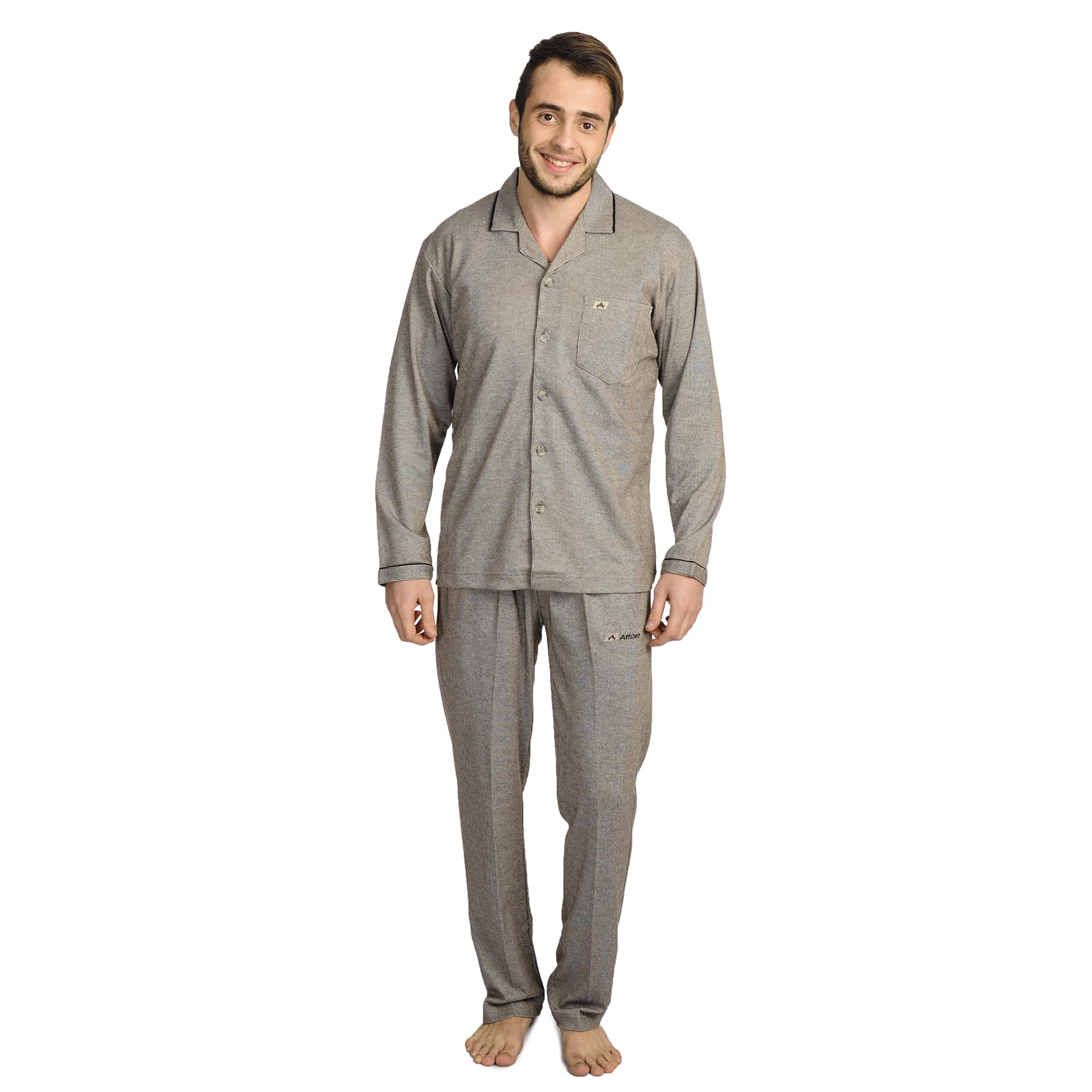 Men’s Cotton Hosiery Night Suit Pyjama Set – Classic Collar, Full Sleeves, Regular Fit Nightwear, Front Button Shirt and Pajama with Pockets, Lightweight, All-Weather Lounge and Sleepwear Co-Ord Set