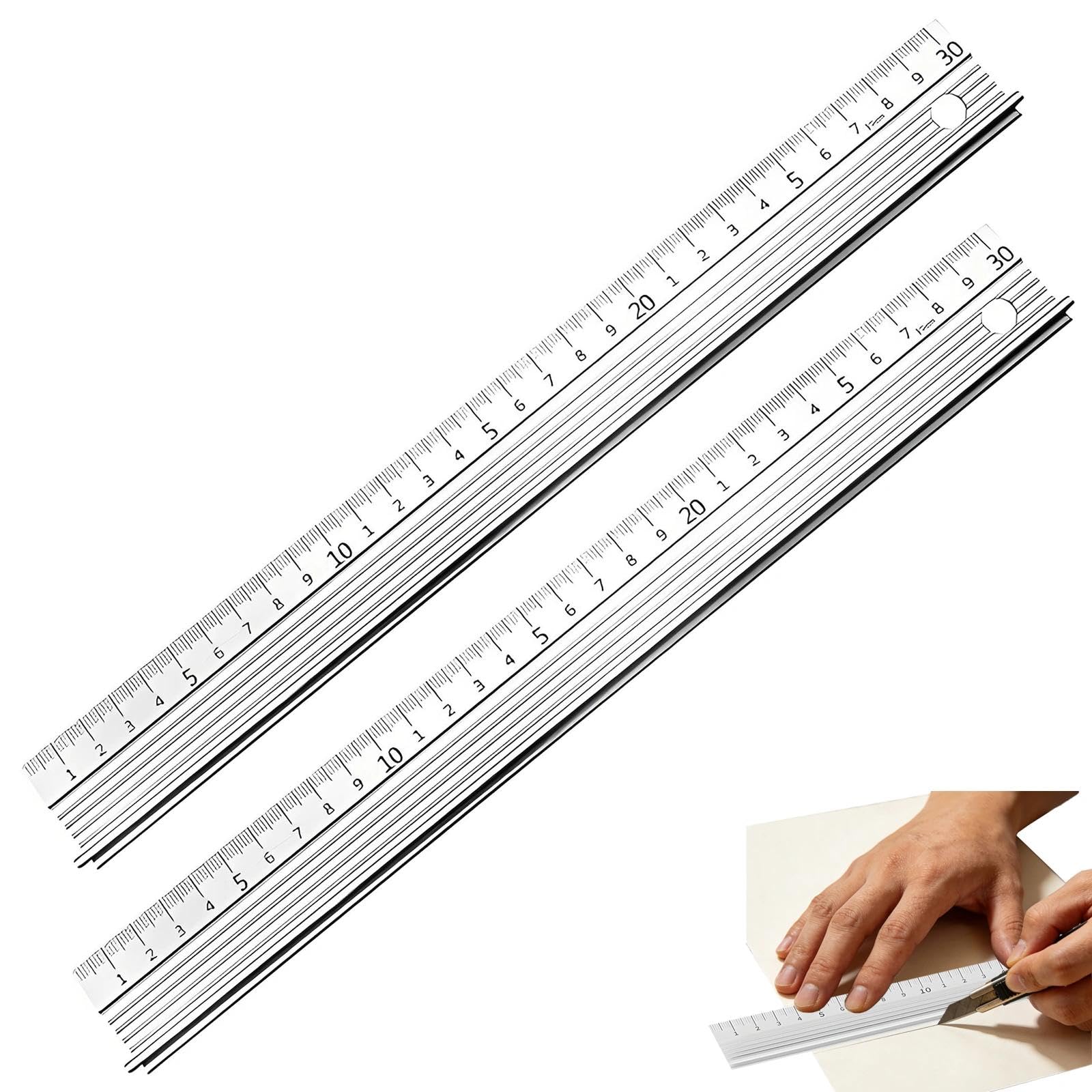 Haoxizi 2 Pcs White-30Cm 2 Pcs White Aluminium Cutting Ruler, 30Cm With Raised Grip, Metal Safety Ruler, Multifunctional Precision Metal Safety Rulers, For Length Measurement