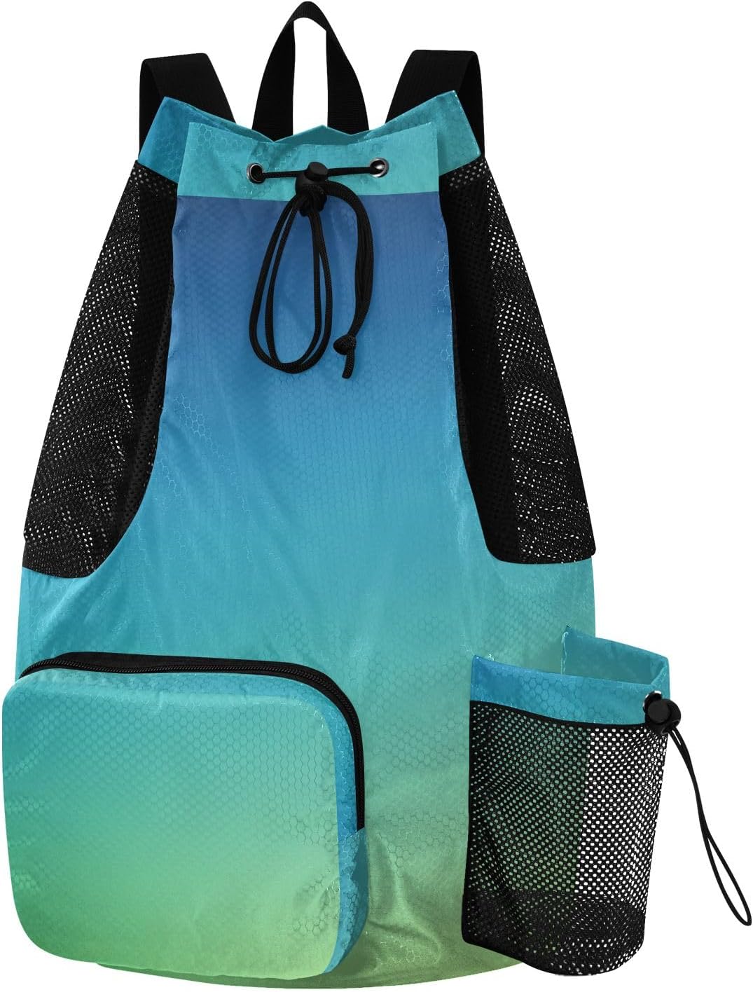 Beach Drawstring Backpack Mesh Swim Bag for Women Men Gradient Green To Blue Swimming Gym with Wet Pocket Packable Sports