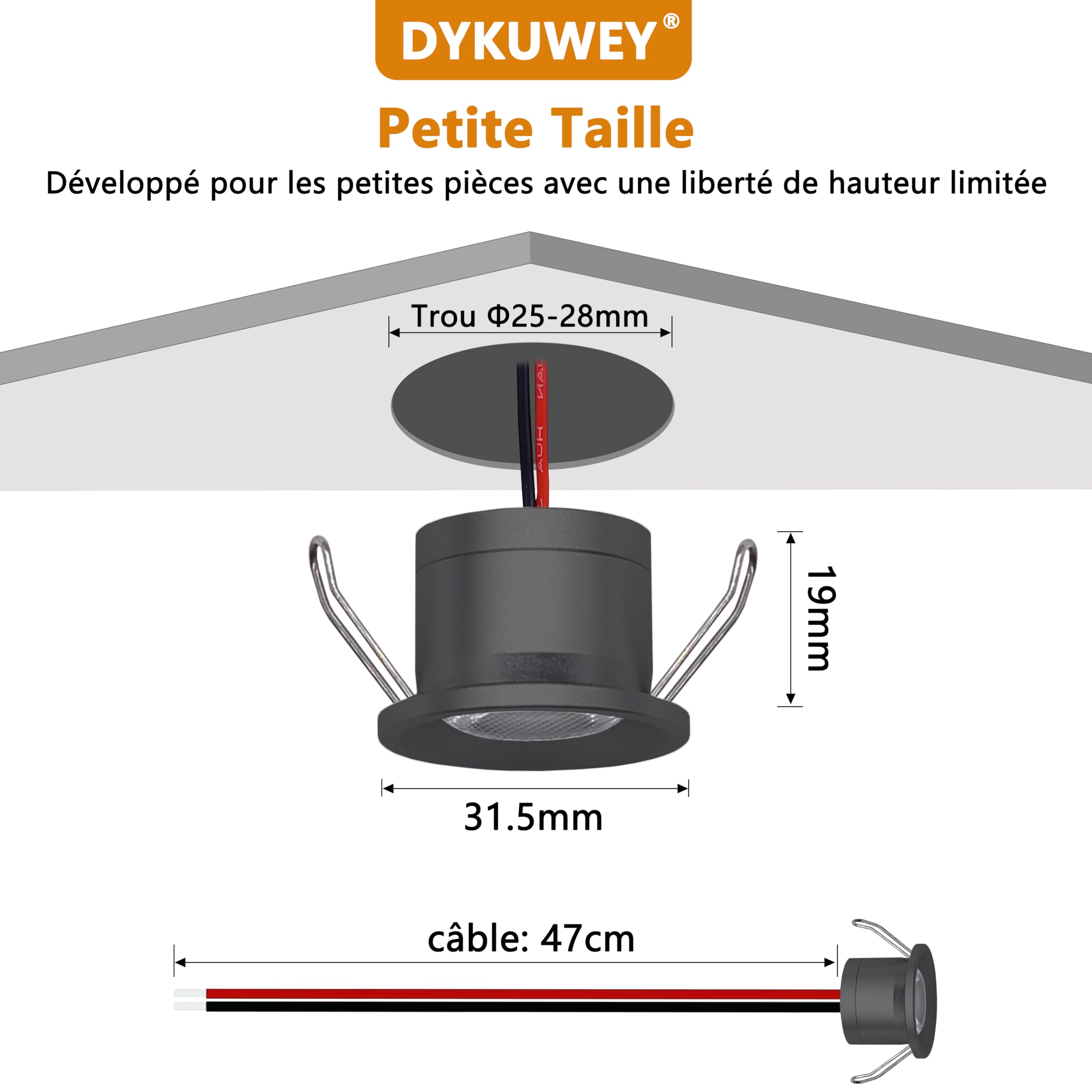 Spot LED Encastrable 2W, 12V Spots Plafond,IP65 Spot Salle de Bain,mini spot Led Extra Plat 19mm,Trou Φ25-28mm spot encastrable pour Cuisine Salon Carport,Lot de 6 (Noir Blanc Chaud 3000K)