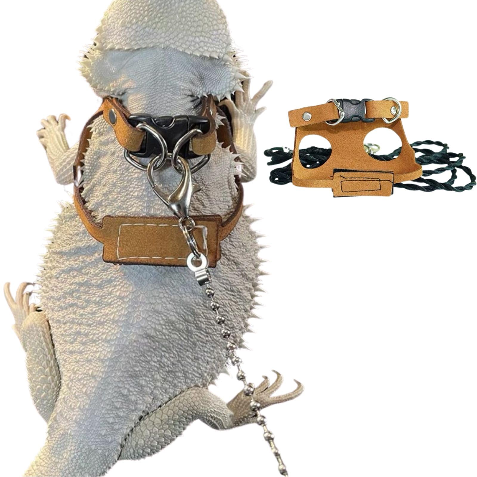 KUNBIUH Bearded Dragon Harness and Leash Adjustable(M,L,XL) - Soft Leather Reptile Lizard Leash Accessories for Bearded Dragon, Lizard and Other Small Pets (L)