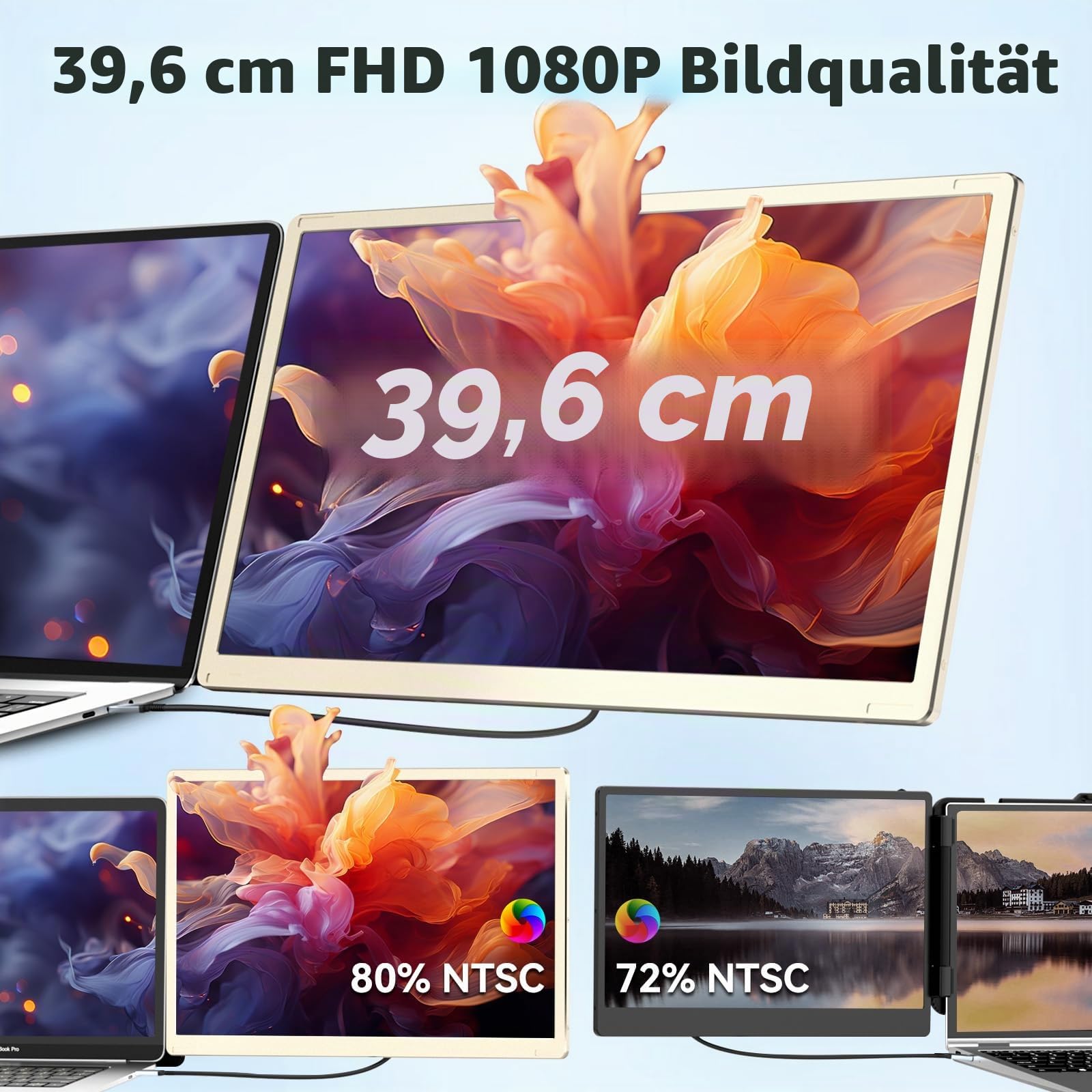 Laptop Screen Extender, 15.6” Laptop Bildschirm Extender, FHD 1080P Triple Travel Monitor mit Lautsprechern, Display Extension Kompatibel mit 13-17.3“ Laptops für Mac, Windows, Chrome, Android