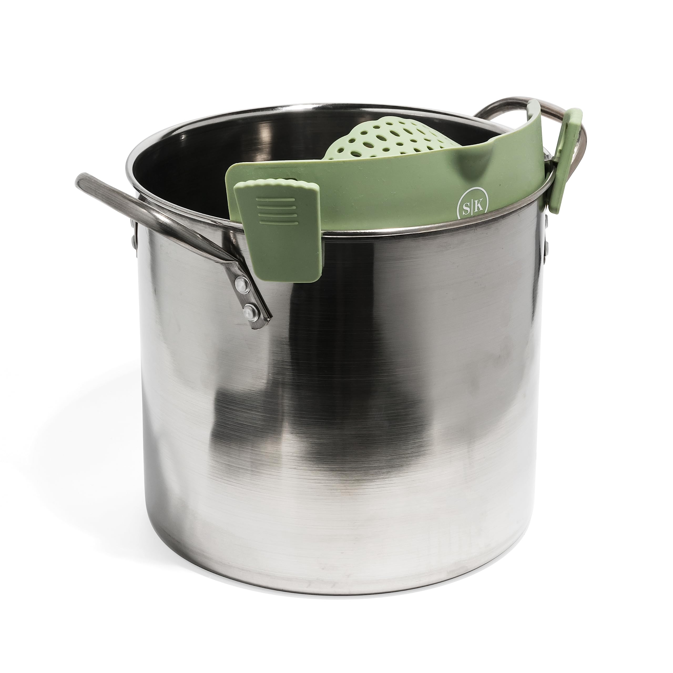 The Silione - Colador de silicona con clip para cocina, se adapta a la mayoría de ollas, sartenes, cuencos, ideal para pasta, verduras, frutas, no tóxico, sin BPA (paquete de 2, verde, gris)