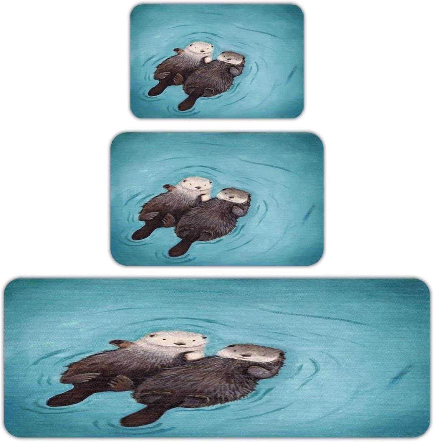 Otters Holding Hands Kitchen Rugs Set of 3 Non Slip Washable Kitchen Mats for Floor Soft Area Rug Kitchen Floor Mat Cushioned Anti Fatigue Mats Standing Sink Mat Decor Runner Rugs