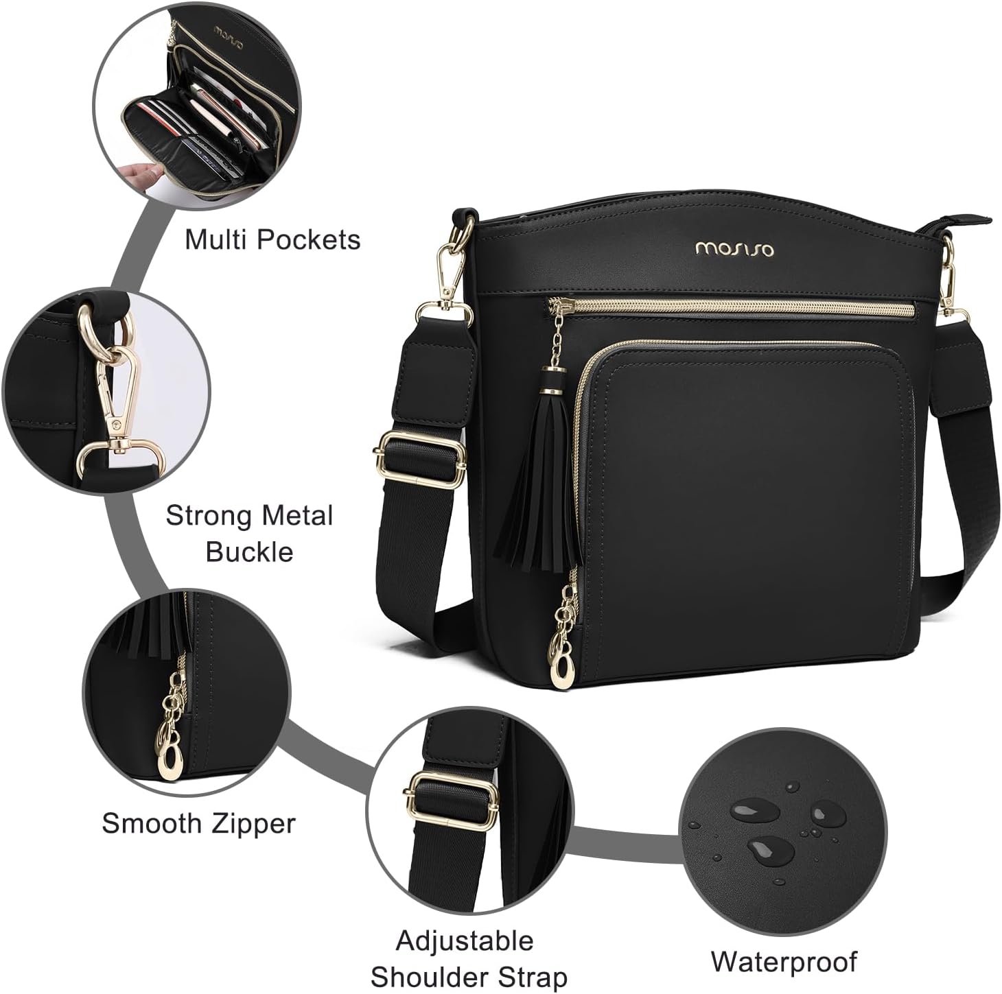 MOSISO Crossbody Bag, Purses for Women Crossbody, Multi Pockets Handbag Shoulder Bag with Card Holder Wallet & Tassel