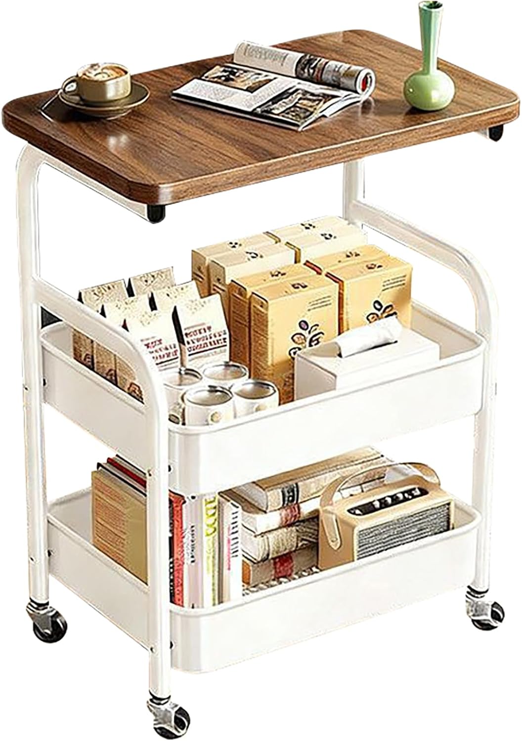 Rolling Cart with Walnut Table Top, Wood Open Shelf Furniture, Sturdy Metal Storage Cart with Lockable Wheels, Lightweight Mobile Trolley for Kitchen Living Room