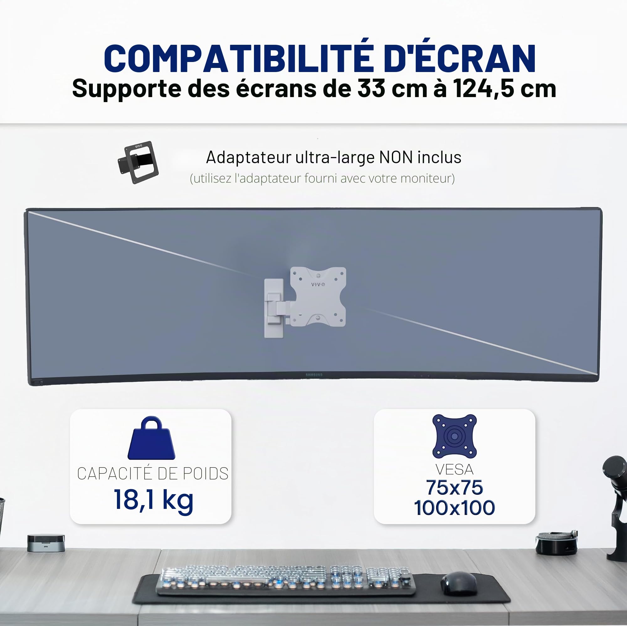 VIVO MOUNT-VW01MW Support Mural à Mouvement Complet pour écrans LCD LED et écrans d'ordinateur jusqu'à 68,6 cm, inclinable et pivotant avec VESA Max 100 x 100 mm Blanc