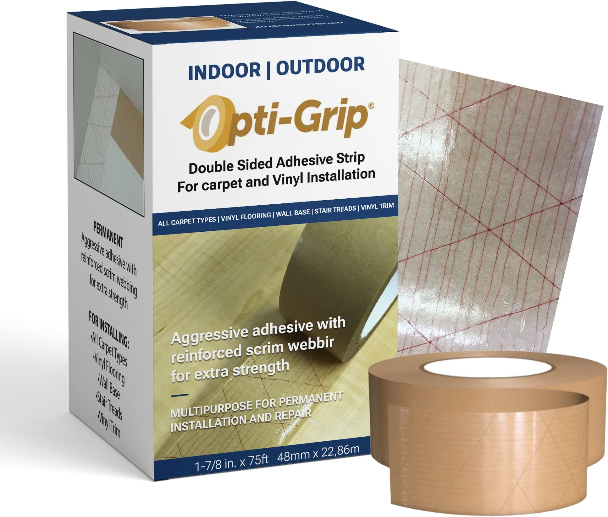 - Opt-Grip high-strength Reinforced Double Sided Multi-Purpose Installation Tape - Heavy Duty Hold For Permeant Flooring-Ideal for Installing carpet, Vinyl and more (1.875in x 75ft)