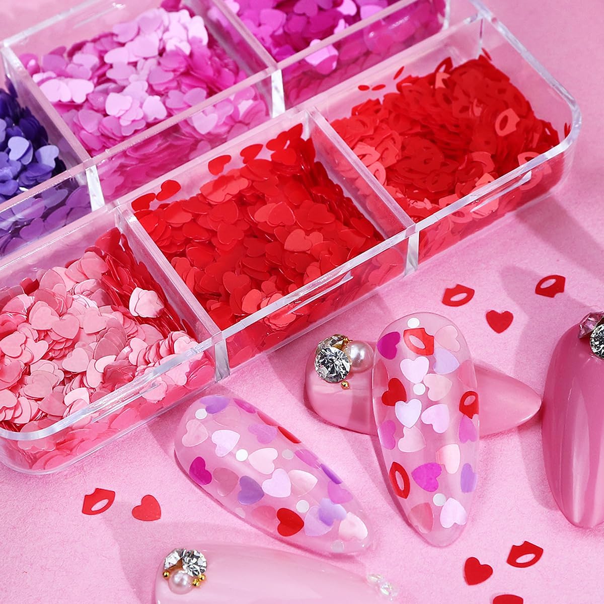 6 Grids Valentine's Day Heart Glitter Multiple Colors Sequins for Nail Art Heart Charms Christmas Nails Hollow-Out Flakes Heart Acrylic 3D Holographic Glitter Flakes Heart Nail Designs Decor