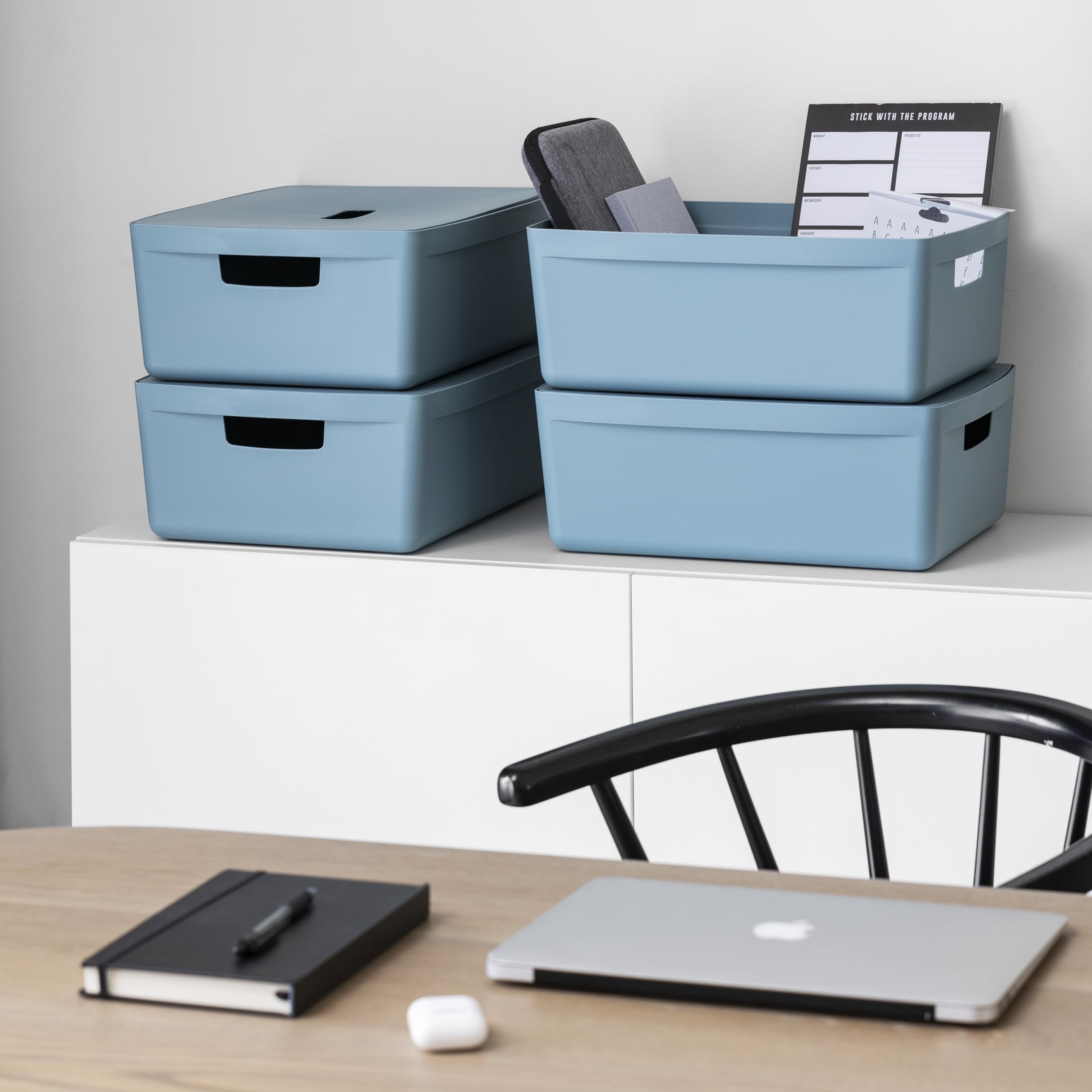 IDEA HOME Cajas de Almacenamiento con Tapa 8 Piezas - Cajas de Almacenaje de Plástico - Caja Organizadora para Baño Estantería con Tapa, 19L, Azul