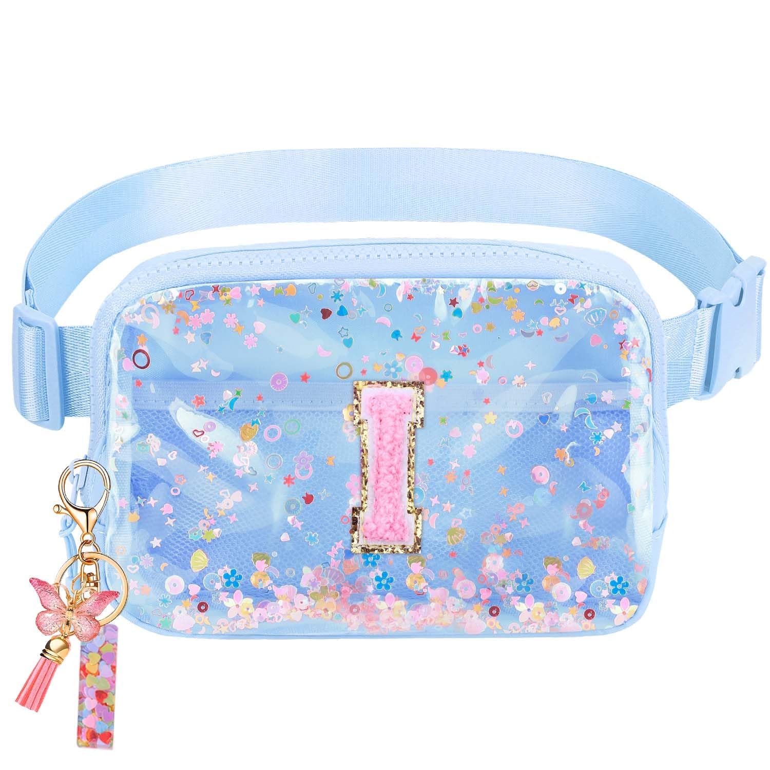 Initial Fanny Pack for Girls - Belt Bag for Teens Kid Teen Girl Kid Birthday Gift Blue Clear I