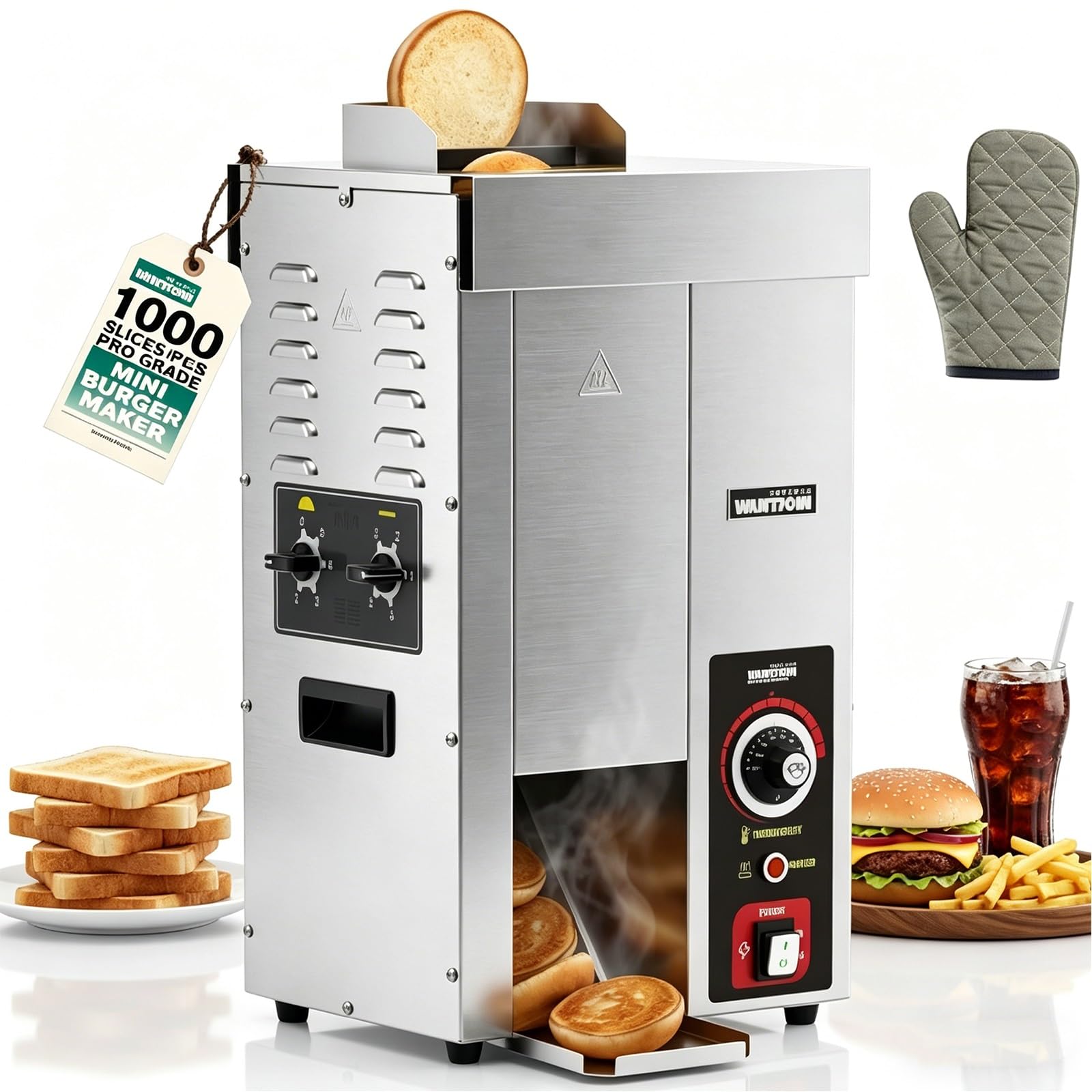 Tostadora Comercial De Alta Eficiencia 2000 W Para Panes; Máquina Vertical Para Hamburguesas Doble Control De Temperatura; Grosor Ajustable Para Uso Alto Volumen 1400 Rebanadas/Hora