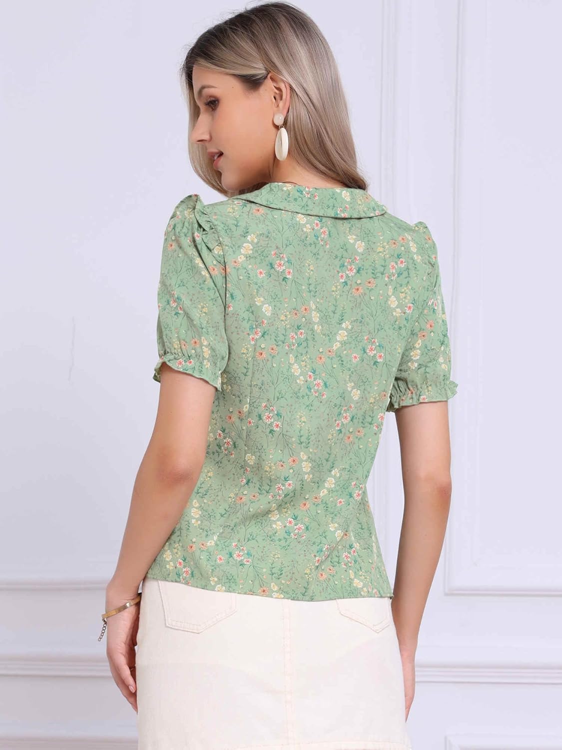 Allegra K Peter Pan Collar Tops for Women's Puff Short Sleeve Ruffle Vintage Smocked Floral Blouse - Image 2