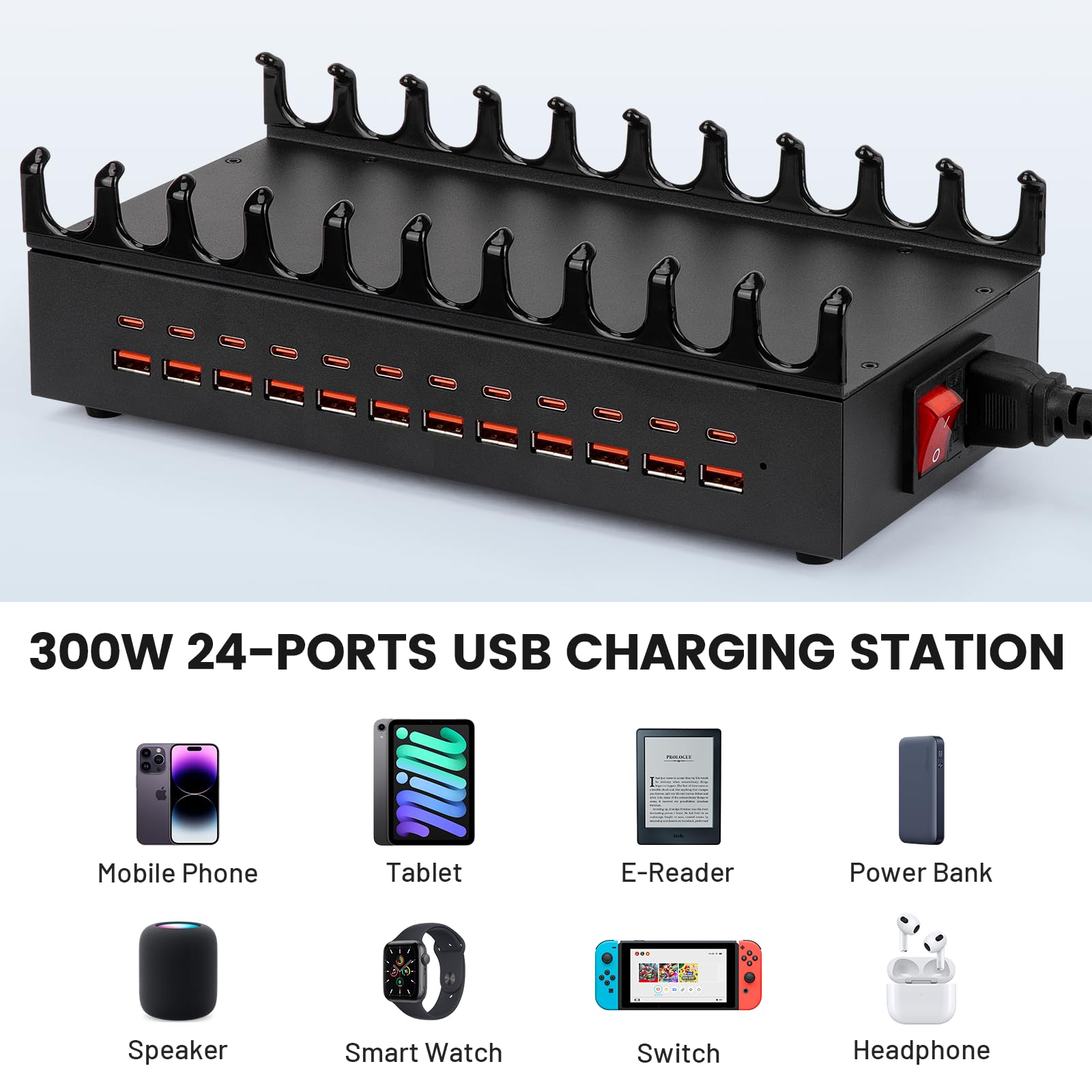 Estación de carga multipuerto USB de 300 W, 24 puertos de carga rápida, compatible con teléfonos, iPad, AirPods, consolas de juegos, pequeña y segura para el hogar, la oficina y los viajes