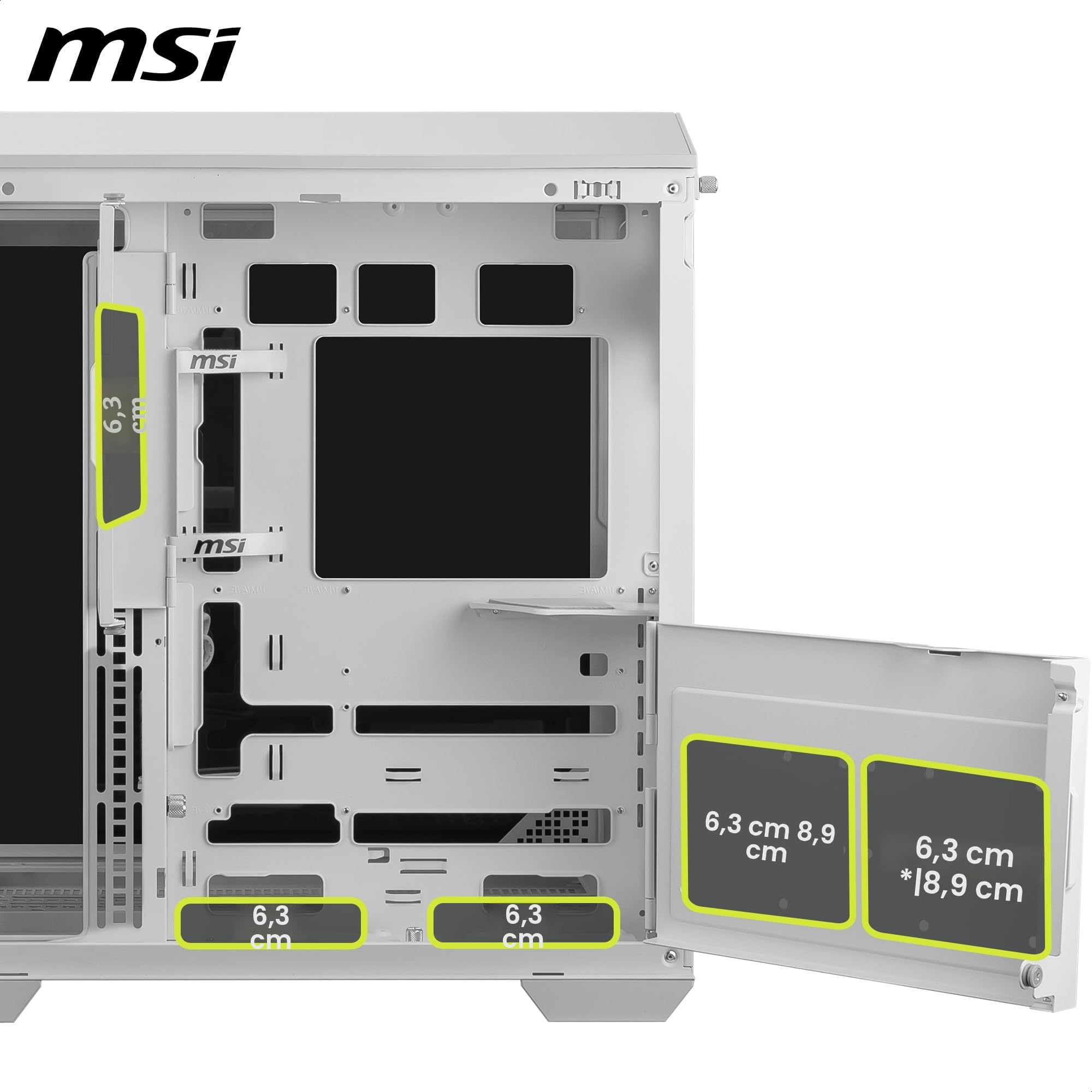 MSI mag PANO - Carcasa para PC ATX de 100 L PZ, Capacidad ATX, Soporte de instalación de GPU Vertical, Soporte de GPU, filtros de Polvo, Soporte de Almacenamiento oscilante, cámara Doble, USB 20 Gbps