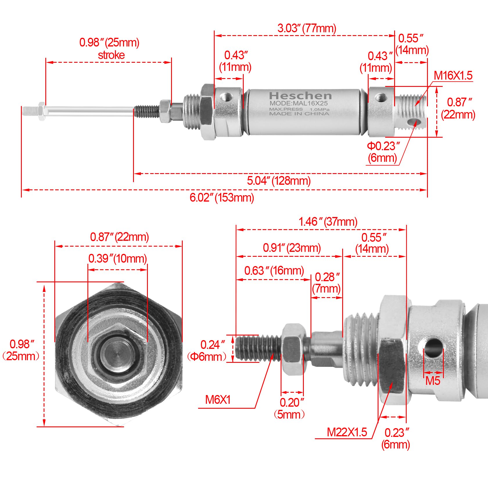 Heschen Pneumatic Fine Air Cylinder, MAL 16-25, M5 Port, 16 mm