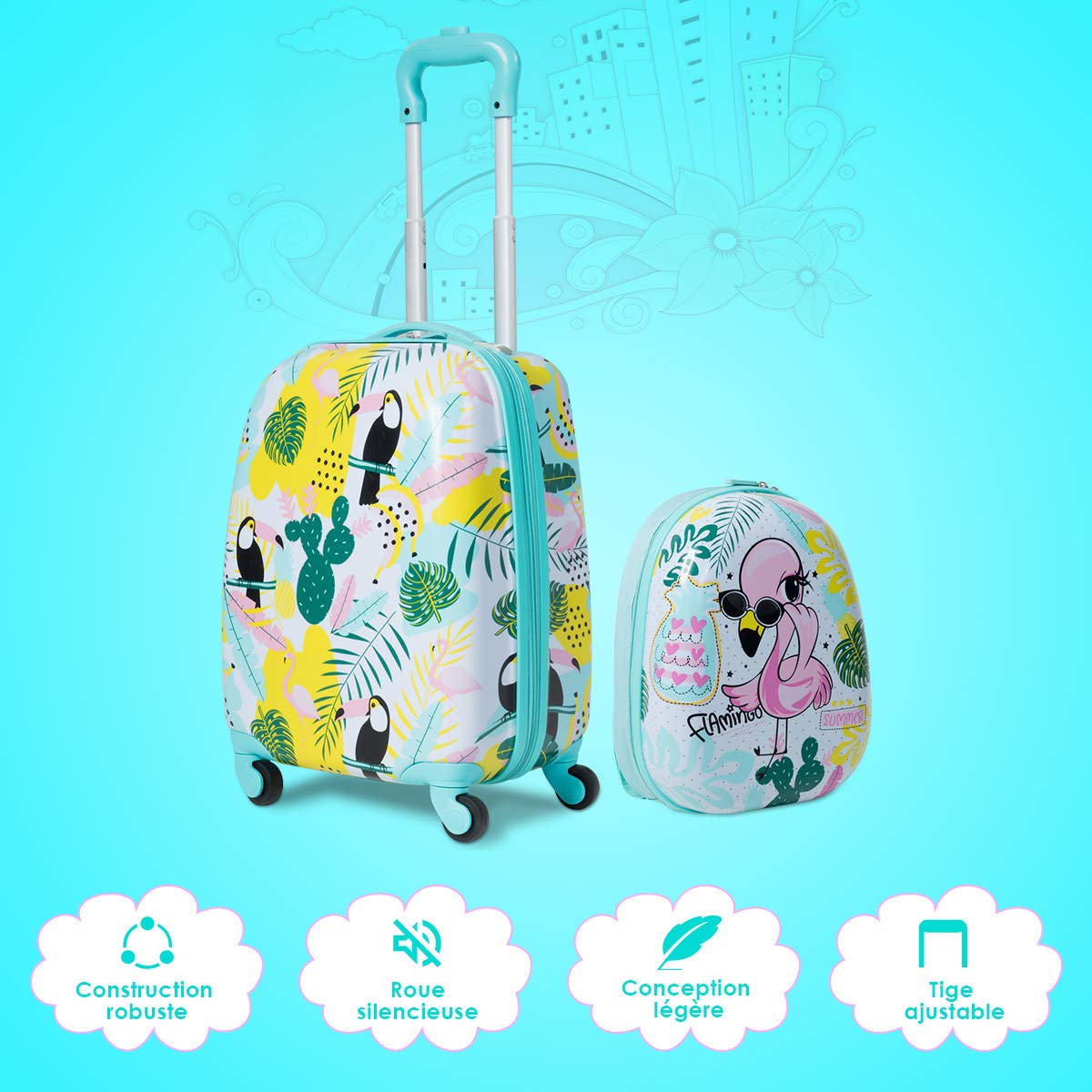 COSTWAY Valise Enfants à roulettes 16’’ & Sac à Dos 12’’ avec Poignée Télescopique, Bagage Enfants avec Motif Flamants, 4 Roues Rotatives, Lot de 2 Valise pour Fille Garçon