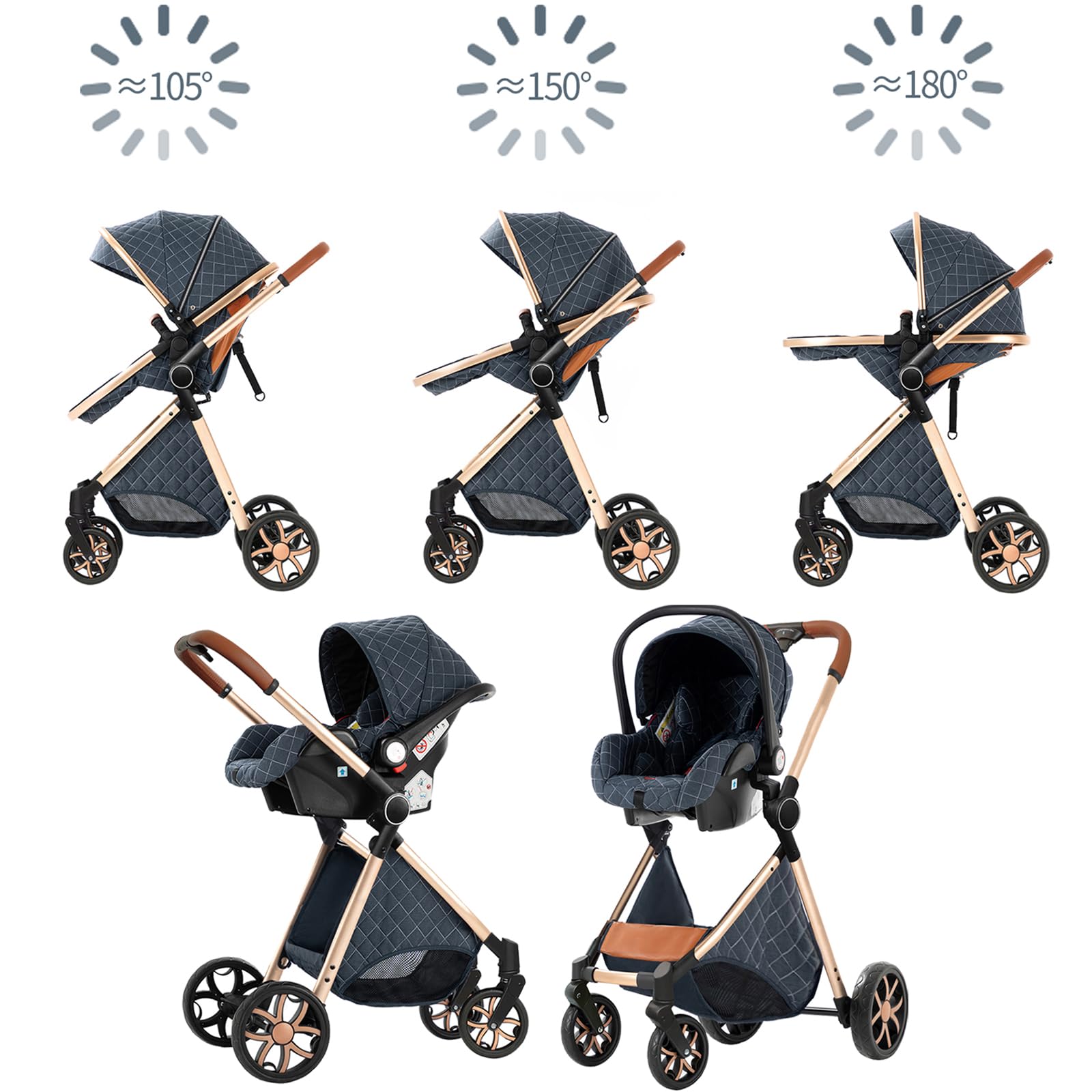 Carrito Bebe 3 en 1, Carro Bebe con Diseño Plegable con Un Solo Clic, Cochecito con Dos Modos de Empuje Reversibles, Carricoche 3 Piezas con Marco de Aluminio (YV9 Grey)