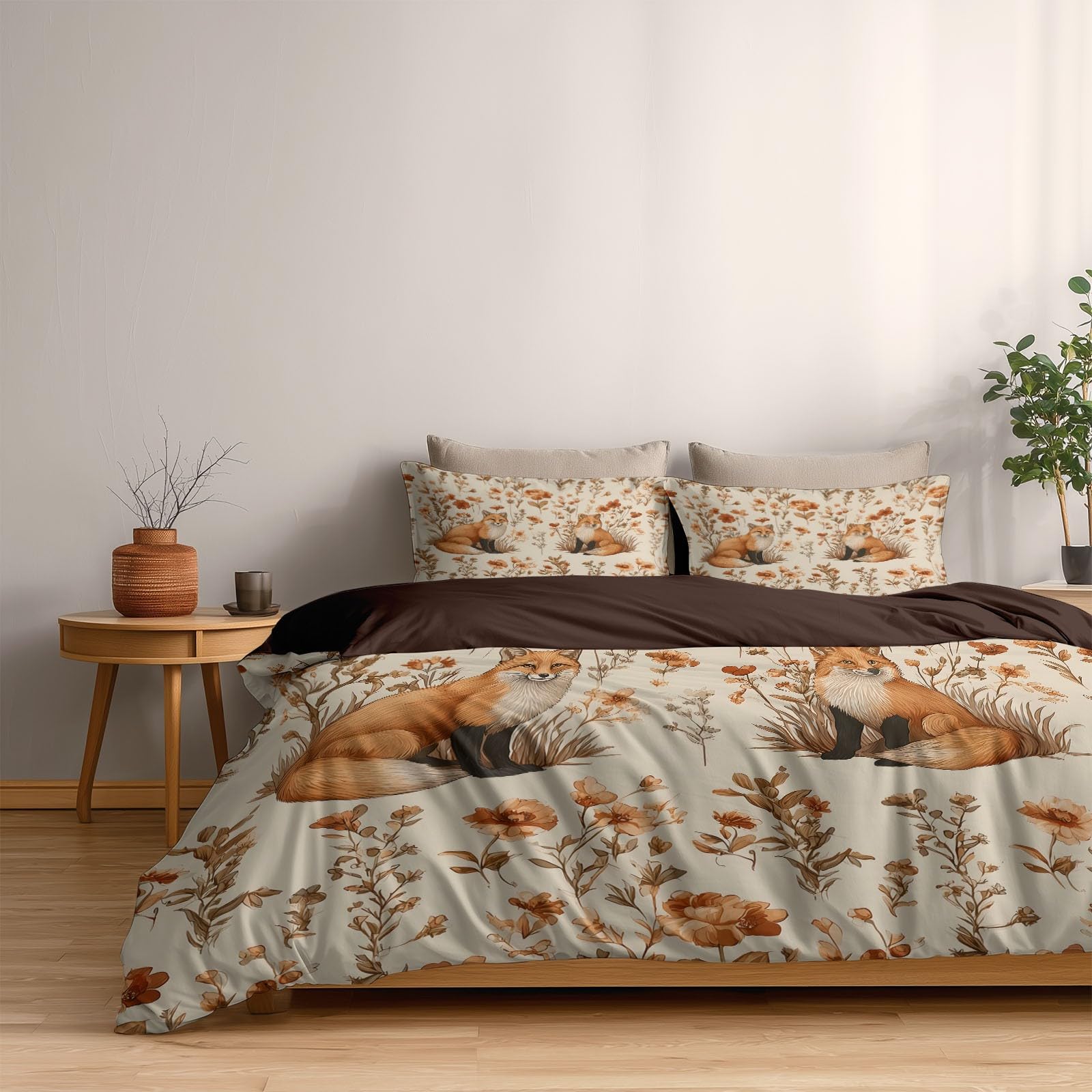 Generisch Retro Landhaus 3-teiliges Bettwäsche-Set, 1 Bettbezug 180 x 200 cm und 2 Kissenbezüge 80 x 80 cm, Taupe, Herbstblumen Fuchs, Pflegeleicht, Erwachsene, Schlafzimmer
