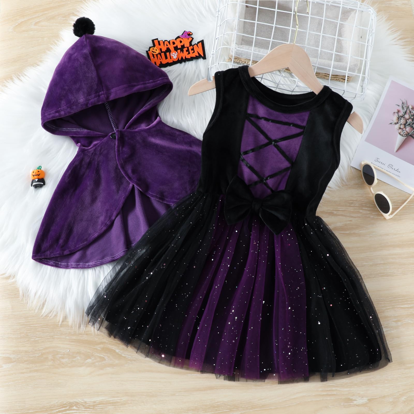 TAGVO Costume da Strega Halloween per Bambina, Ragazze Principessa Vestito Strega Viola Poncho Cappuccio Capo Paillettes Tulle Abiti serbatoio per bambini Halloween fantasia vestire per 1-6 anni