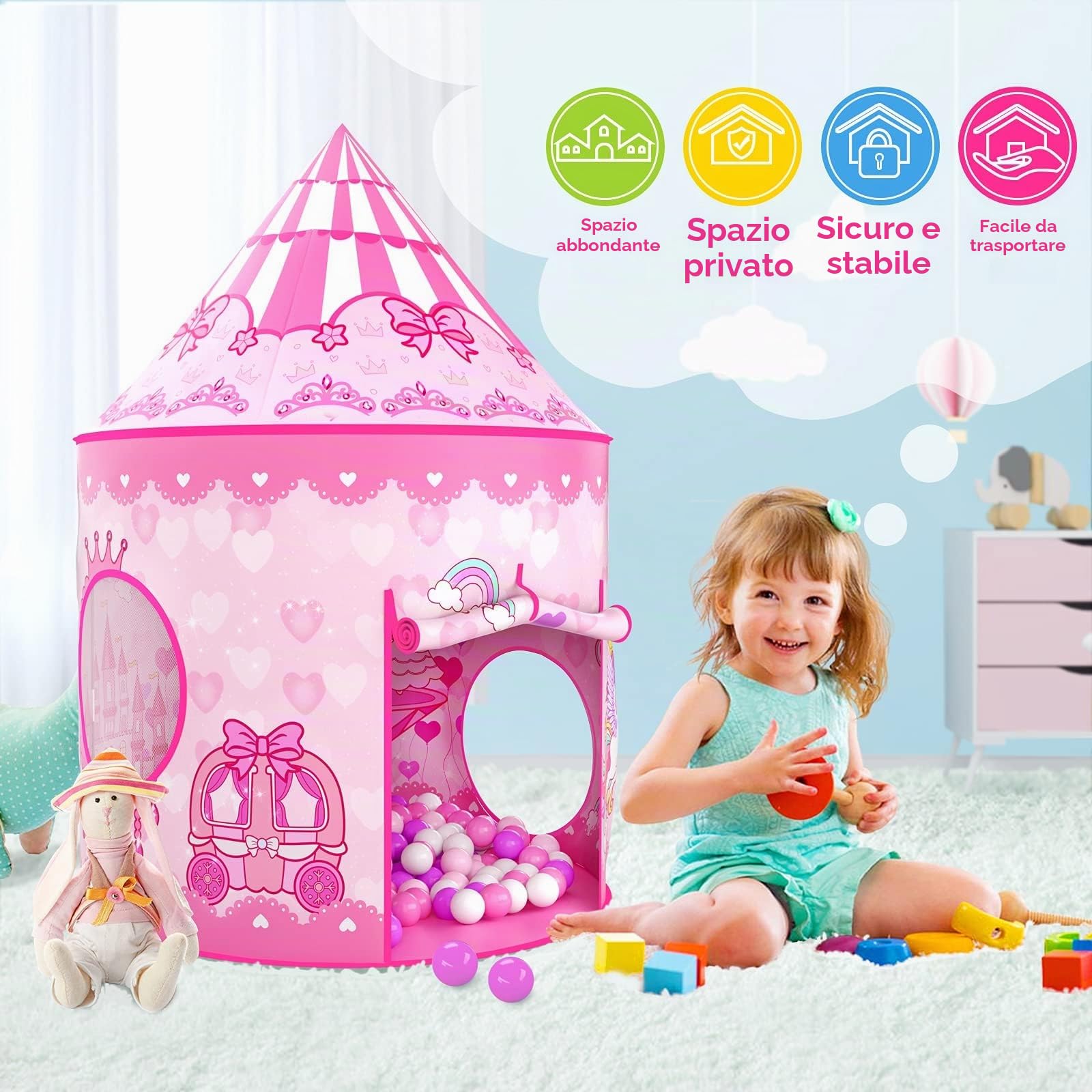 Wilwolfer Tenda Gioco Pop-up + Tunnel Gioco + Piscina di Palline per Bambini - 3-in-1 Casetta per Neonati Bambine Bambini - Grande Casetta Giardino Interni ed Esterni (Tenda Principessa)