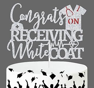 Congrats on Receiving White Coat Cake Topper, Future Doctor/Big Doctor Energy, Medical School College Survivor Graduation Party Decorations Supplies, Silver and Red Glitter