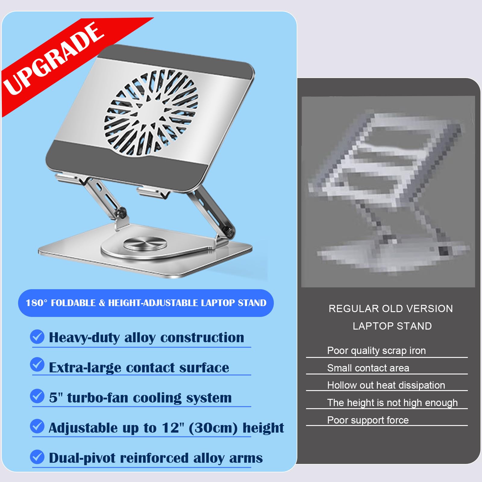Almohadilla de enfriamiento para laptop Soporte giratorio de 360° para laptop con ventilador de refrigeración turbo de 5 pulgadas, 2 ángulos ajustables y almohadilla de enfriamiento ajustable de 0 a 5