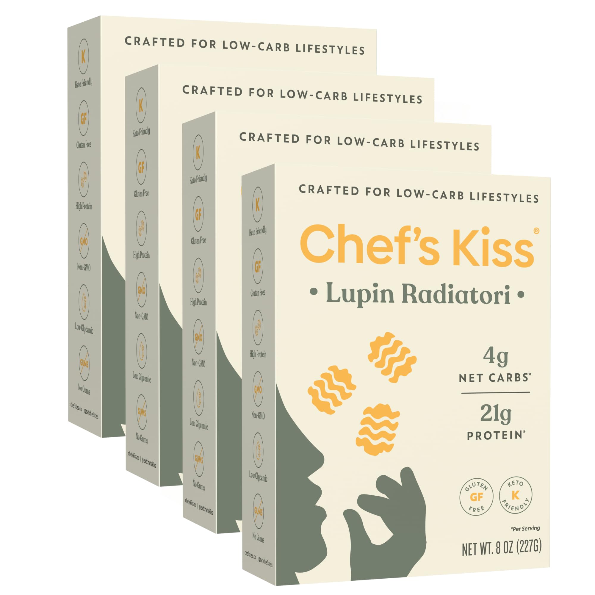 Chef’s Kiss Low Carb Radiatori | 4g Net Carbs, 21g Protein | Keto Friendly, Low Glycemic Pasta Made from Lupins | Gluten Free, High Protein | No Gums | Keto Pasta Alternative | Non GMO | 4-pack (8oz)