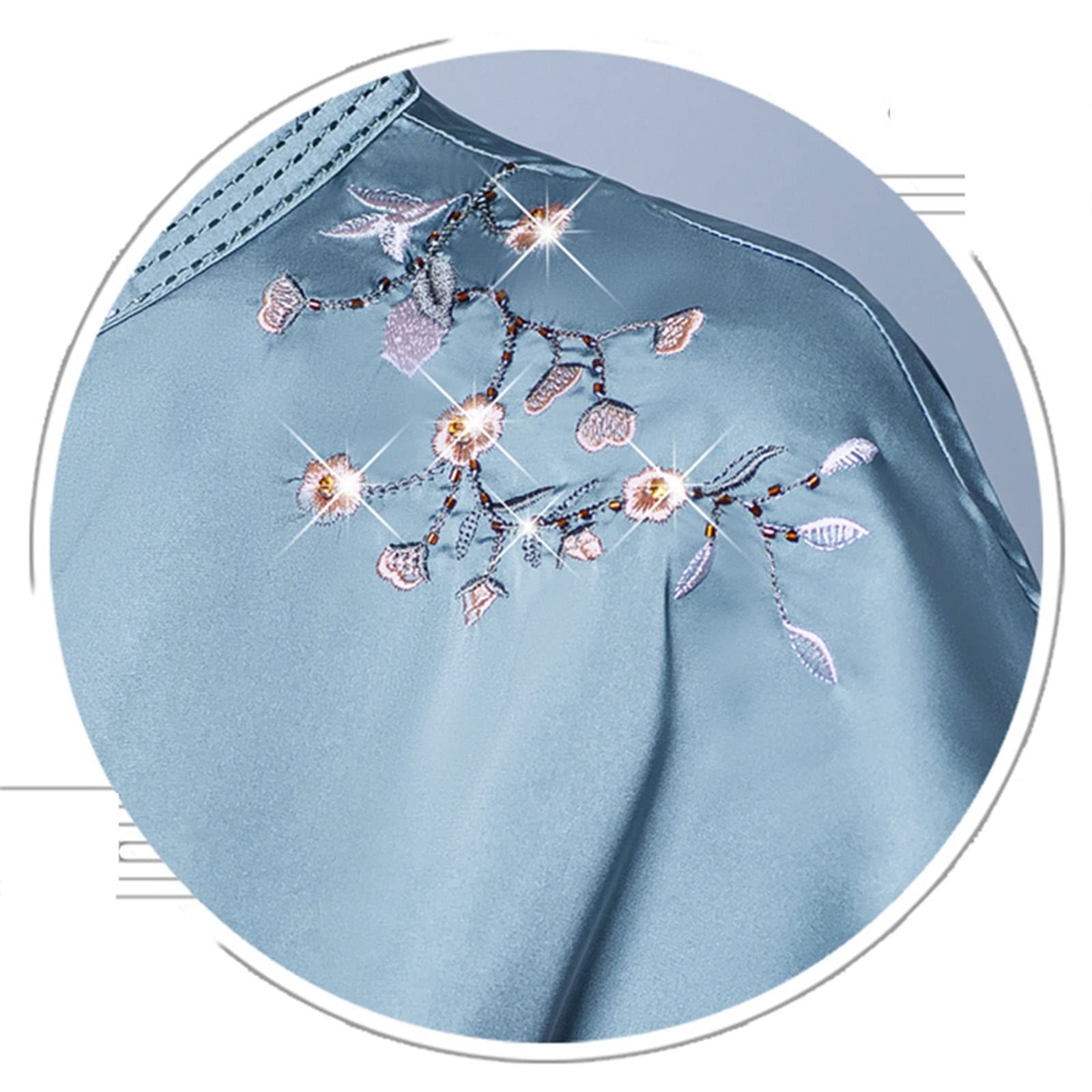 Chemisier vintage en satin brodé à motif floral pour femme, bleu, XL