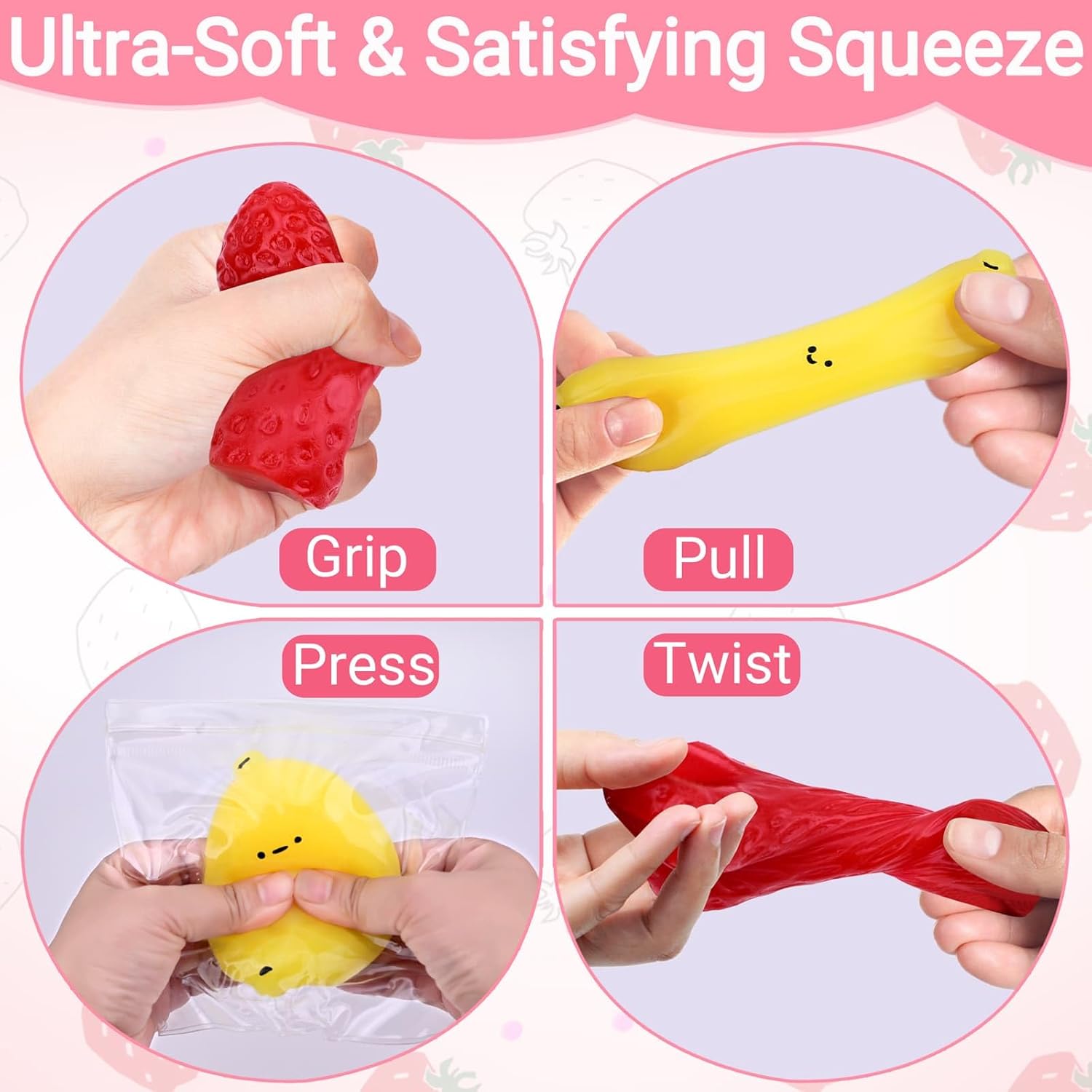 Taba Squishy Toy (4 Pack), Squishies Squeeze Fidget Toys, Party Favors for Kids 8-12, Cute Soft Sticky Sensory Toy, Gifts for Girls 4-8, Autism Stress Relief Toys (Fruit)