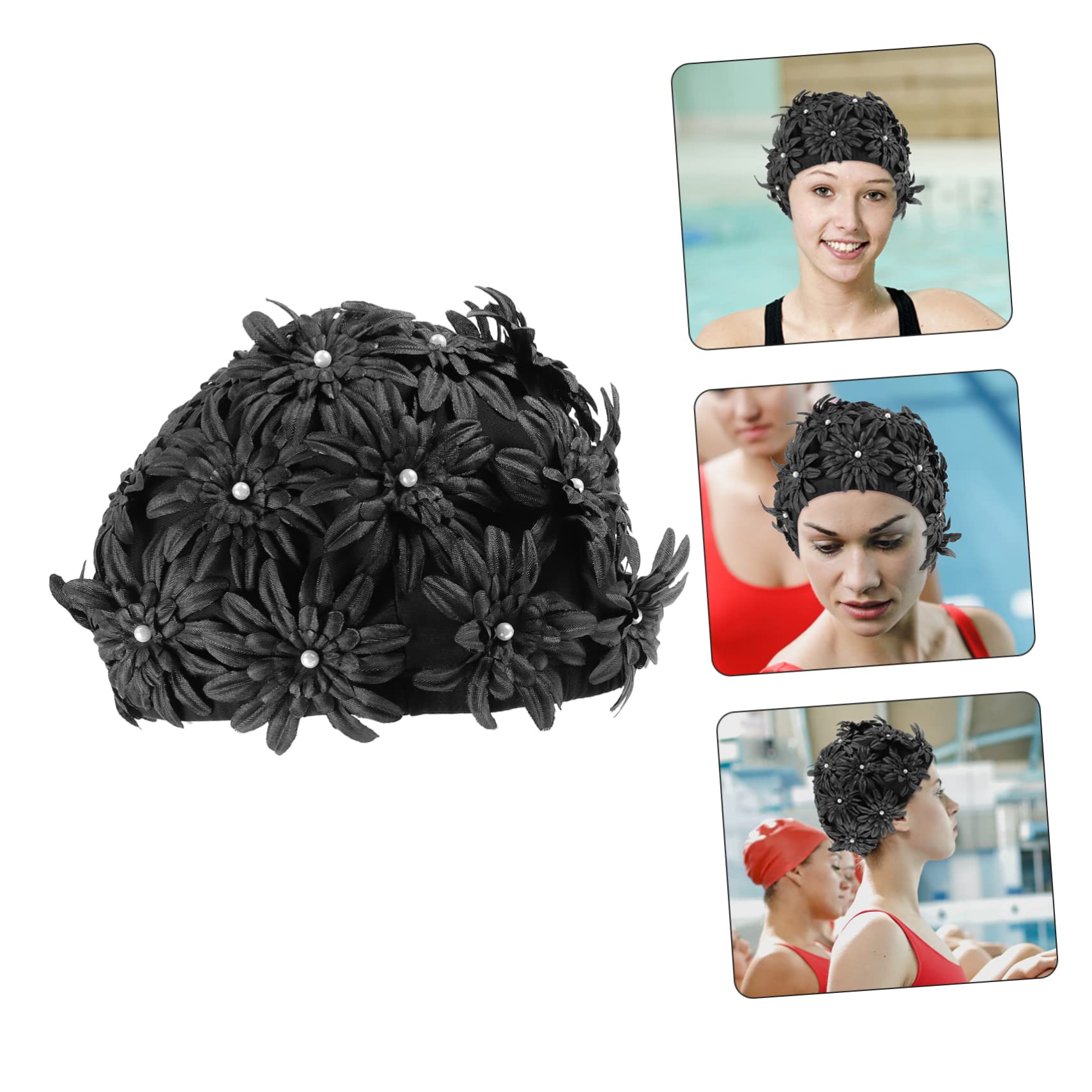 Bouchon De Baignade à Fleurs Imperméable pour Bonnet De Bain Cheveux Longs Bonnets De Bain Qui Gardent Les Cheveux Sec Bonnet De Bain Femme Capuchon Nageurs Floral Noir Brocart