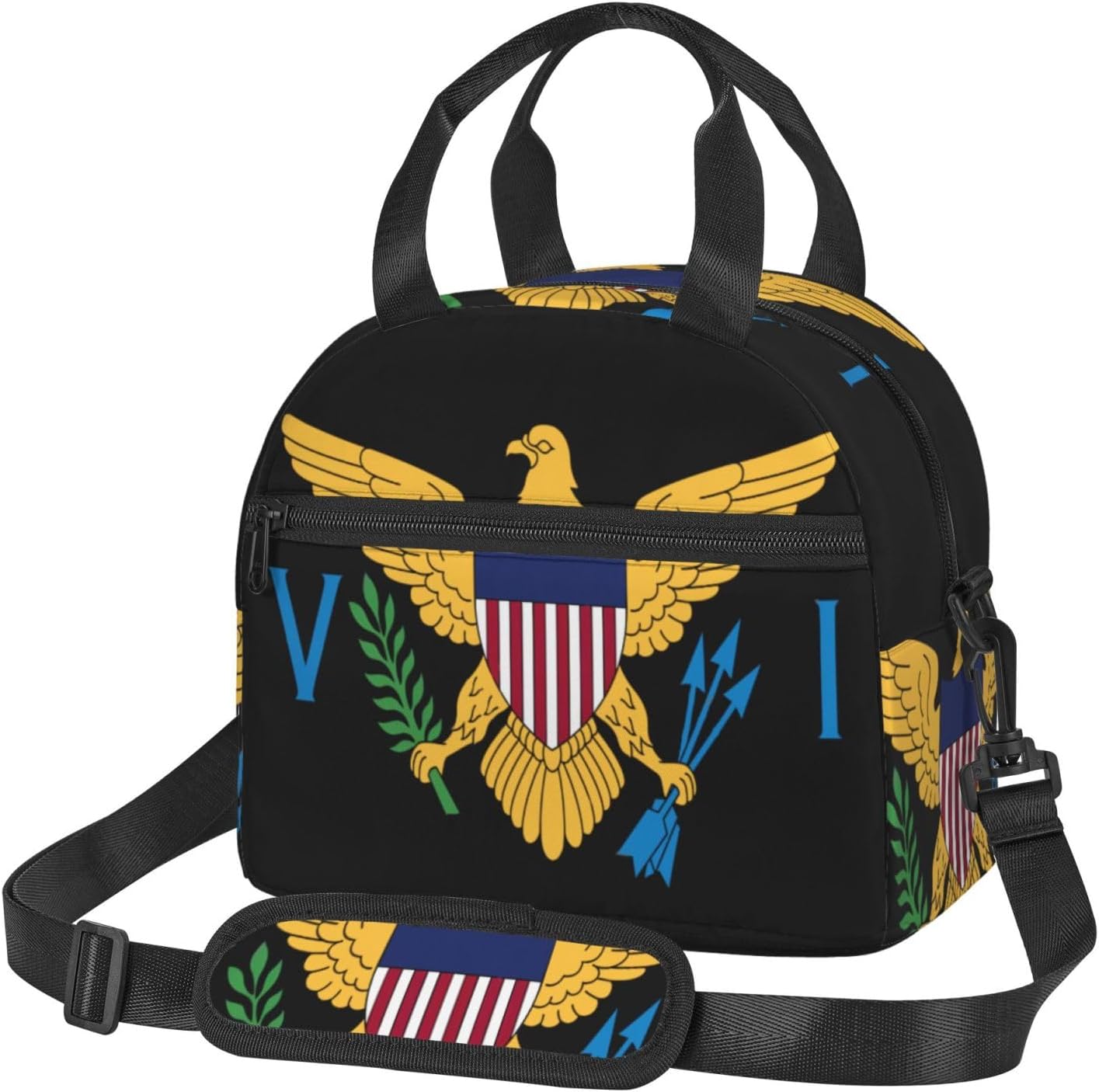 SUNNYEE American Virgin Islands Flags Eagle Insulated Lunch Bag Portable Lunch Box Reusable Cooler Tote Bags Sling Organizer with Front Pocket Removable Strap for Office Picnic Camping
