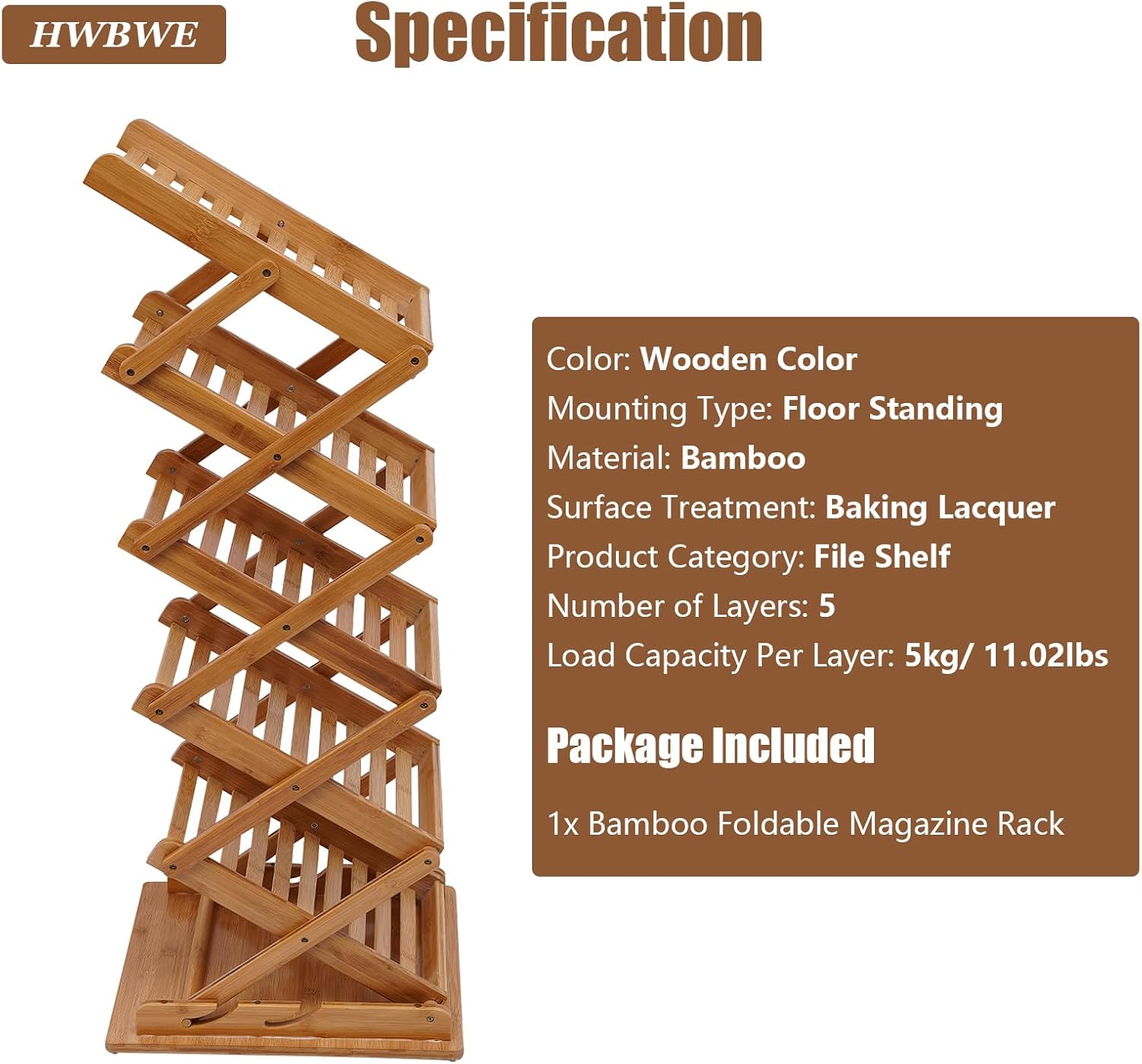 Portable Foldable Wood Literature Rack Display Holder Stand, Pop-up Magazine Brochure Catalog Rack, Light Weight, for Trade Show Booth Office Retail Store Showroom, 5-Pocket Bamboo, Floor Standing